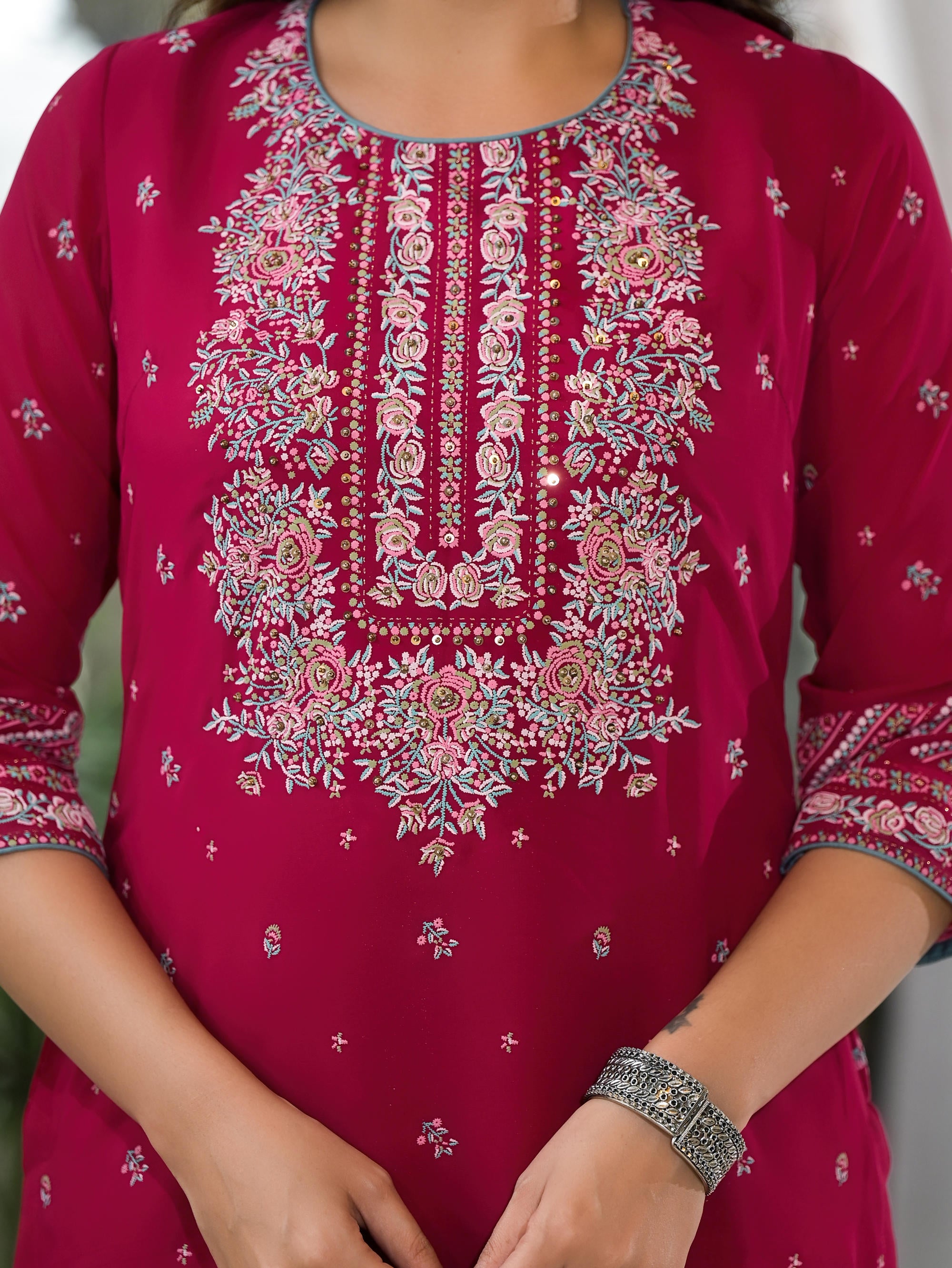 Fuchsia Floral Printed Georgette Kurta Sharara & Dupatta Set With Sequins