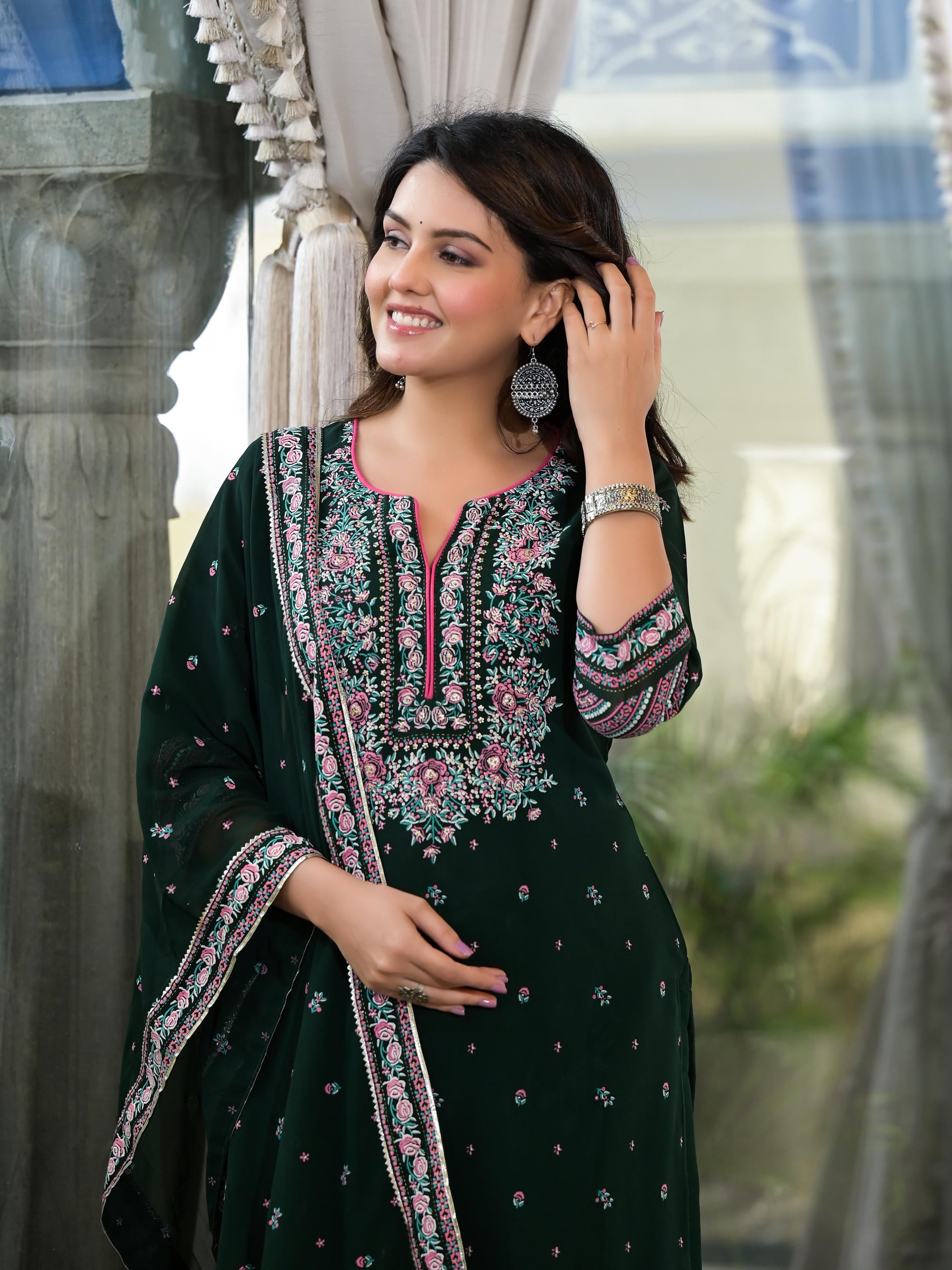 Green Floral Printed Georgette Kurta Sharara & Dupatta Set With Sequins