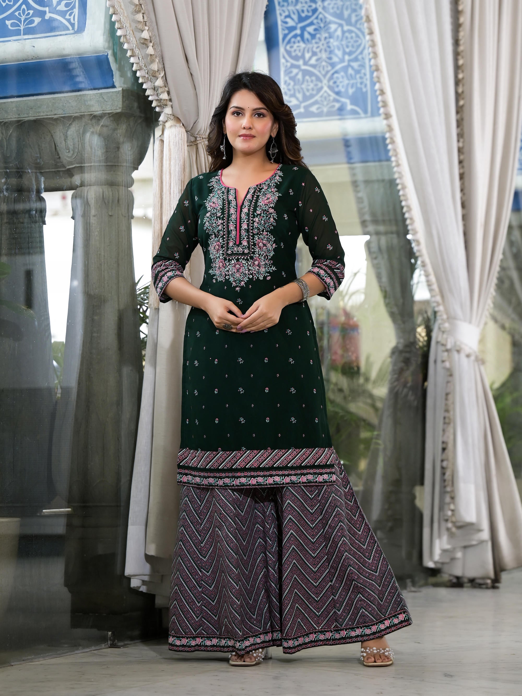 Green Floral Printed Georgette Kurta Sharara & Dupatta Set With Sequins