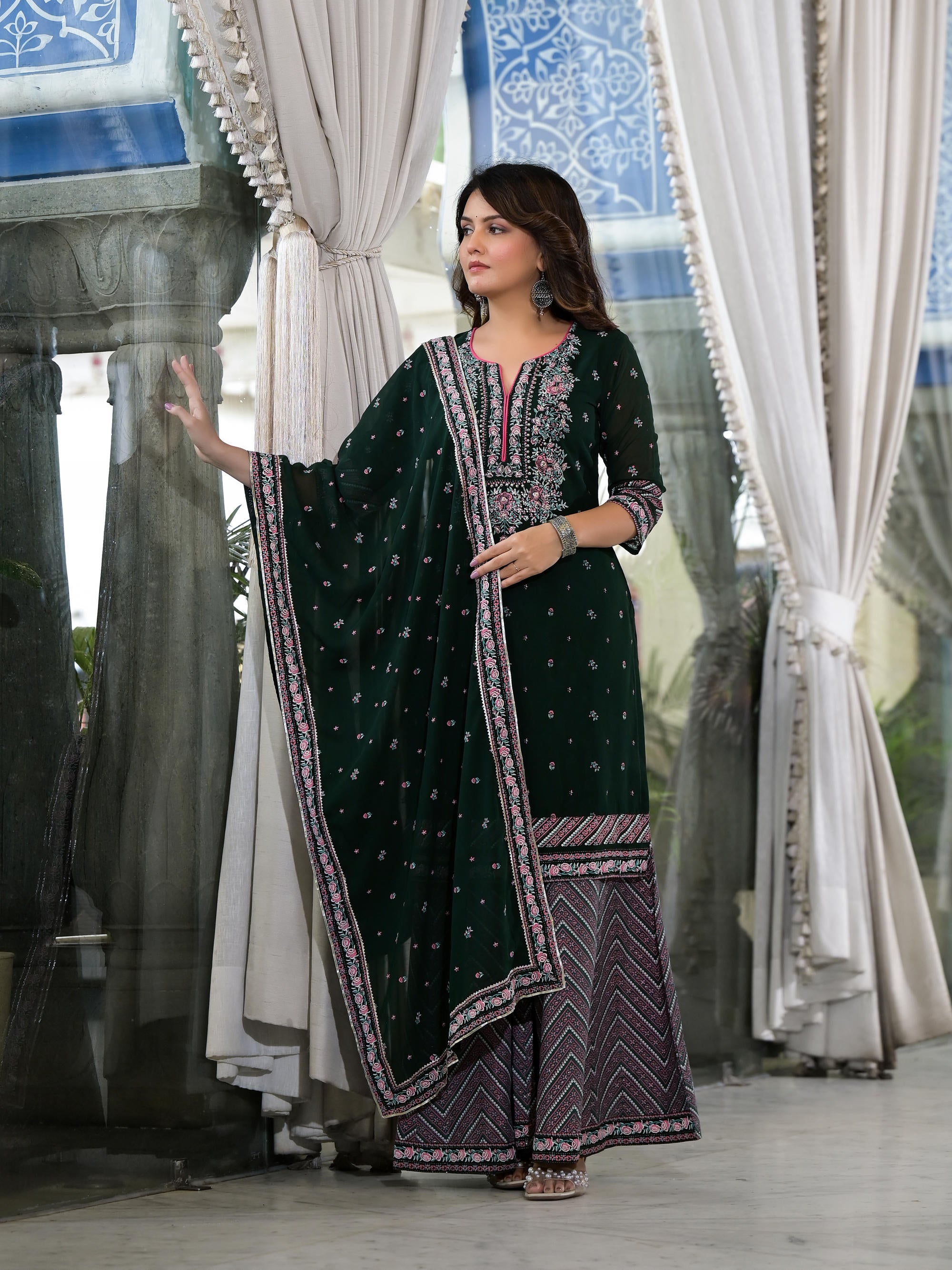 Green Floral Printed Georgette Kurta Sharara & Dupatta Set With Sequins