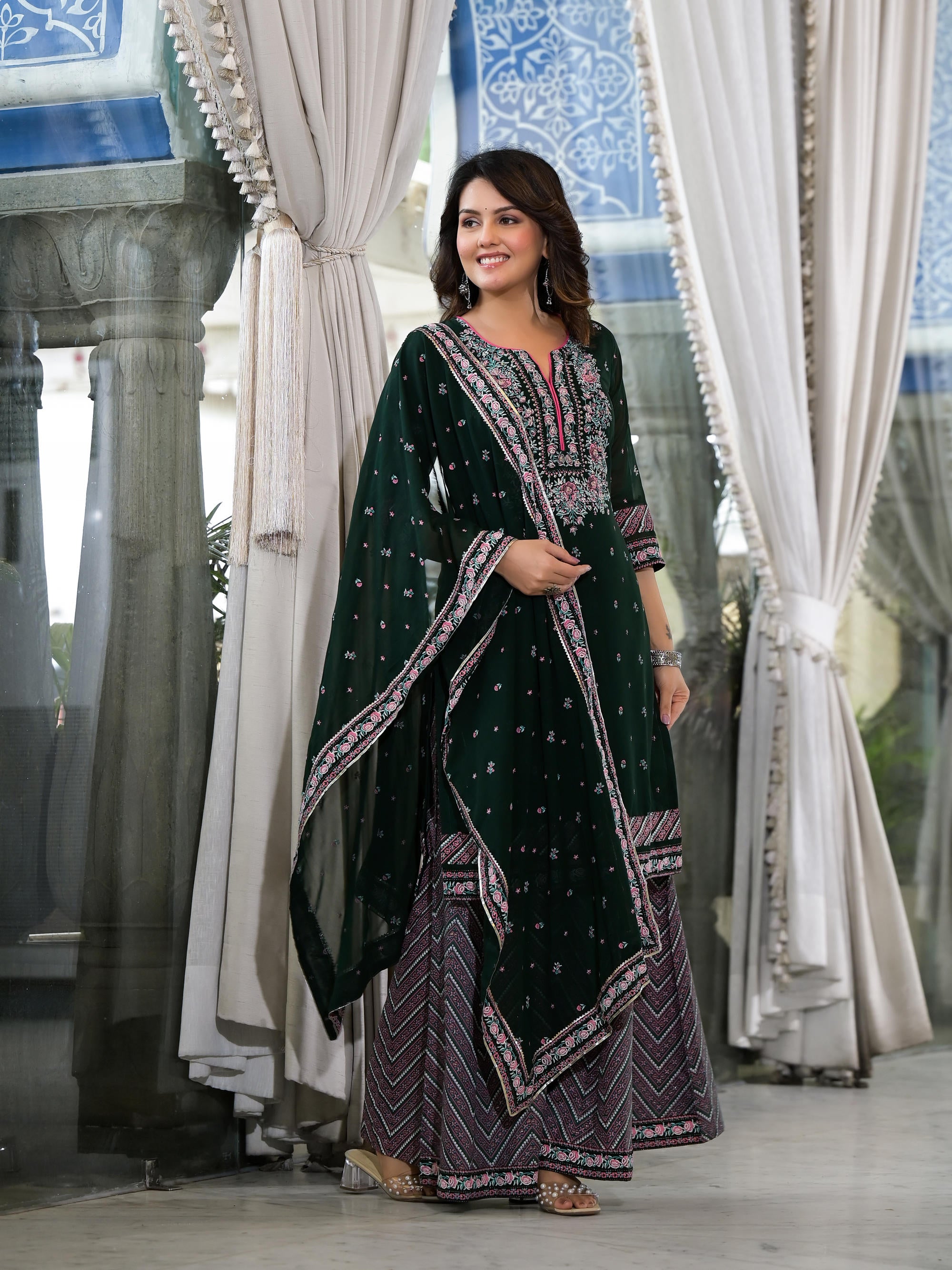 Green Floral Printed Georgette Kurta Sharara & Dupatta Set With Sequins