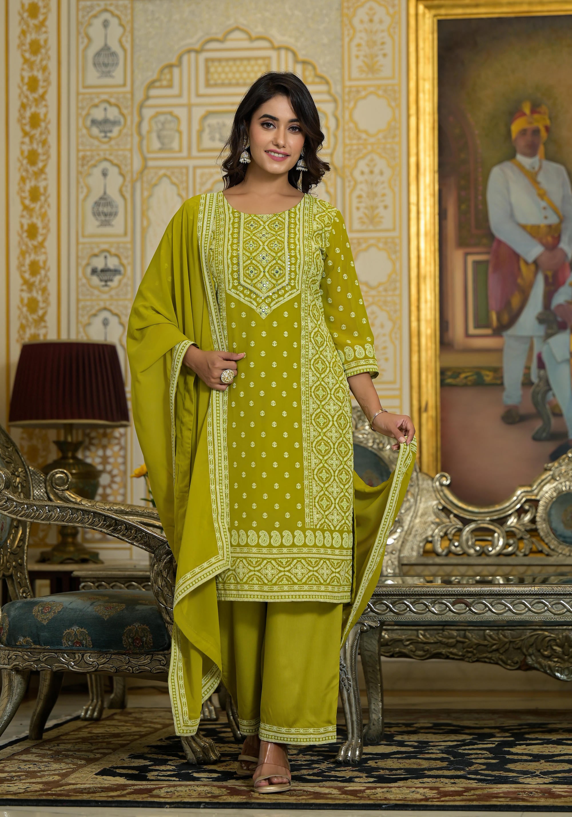 Green Thread Embroidered Georgette Kurta Pant And Dupatta Set With Mirror Work & Sequins