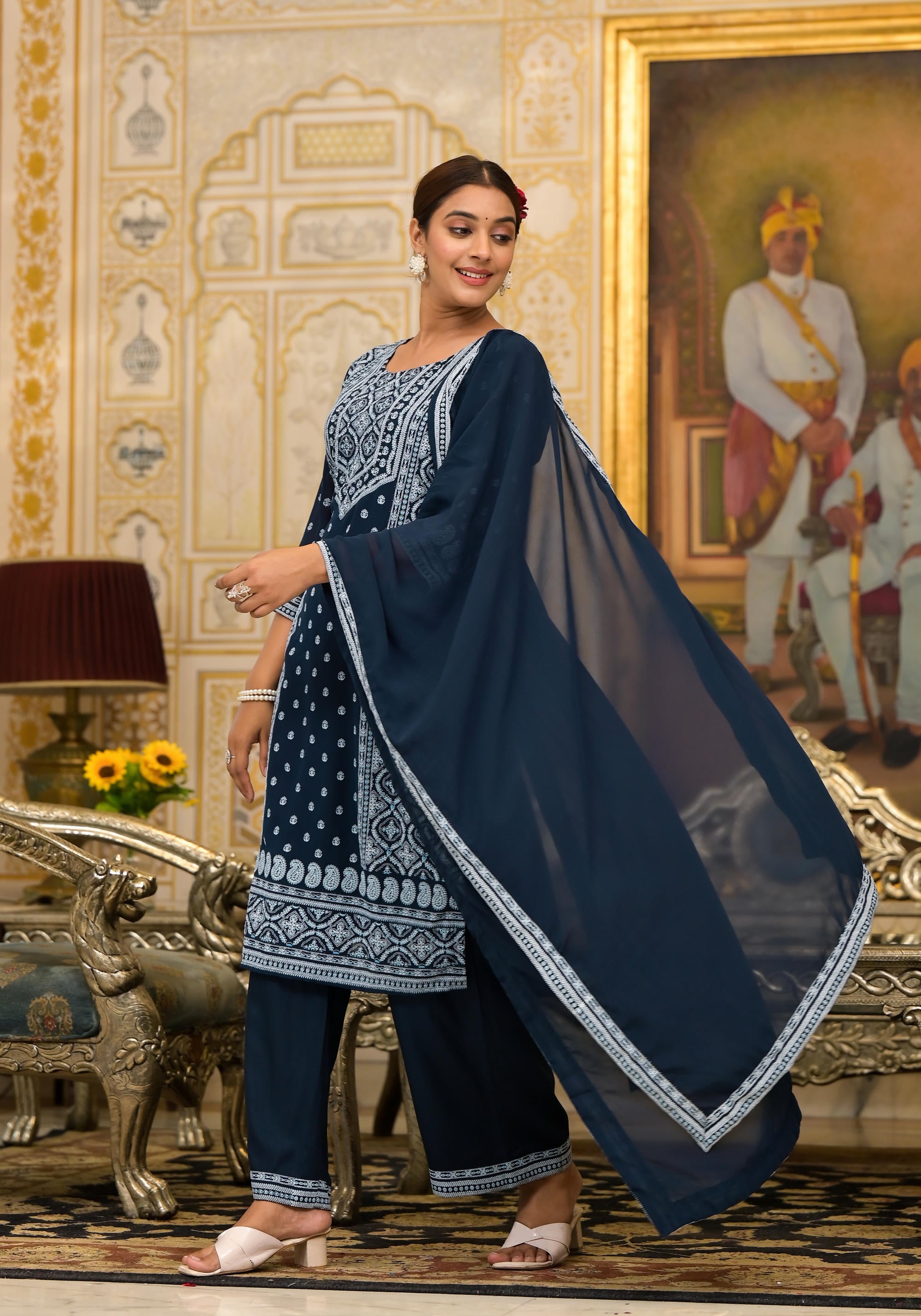 Navy Ethnic Motif Printed Georgette Kurta Pant And Dupatta Set With Sequins & Beads