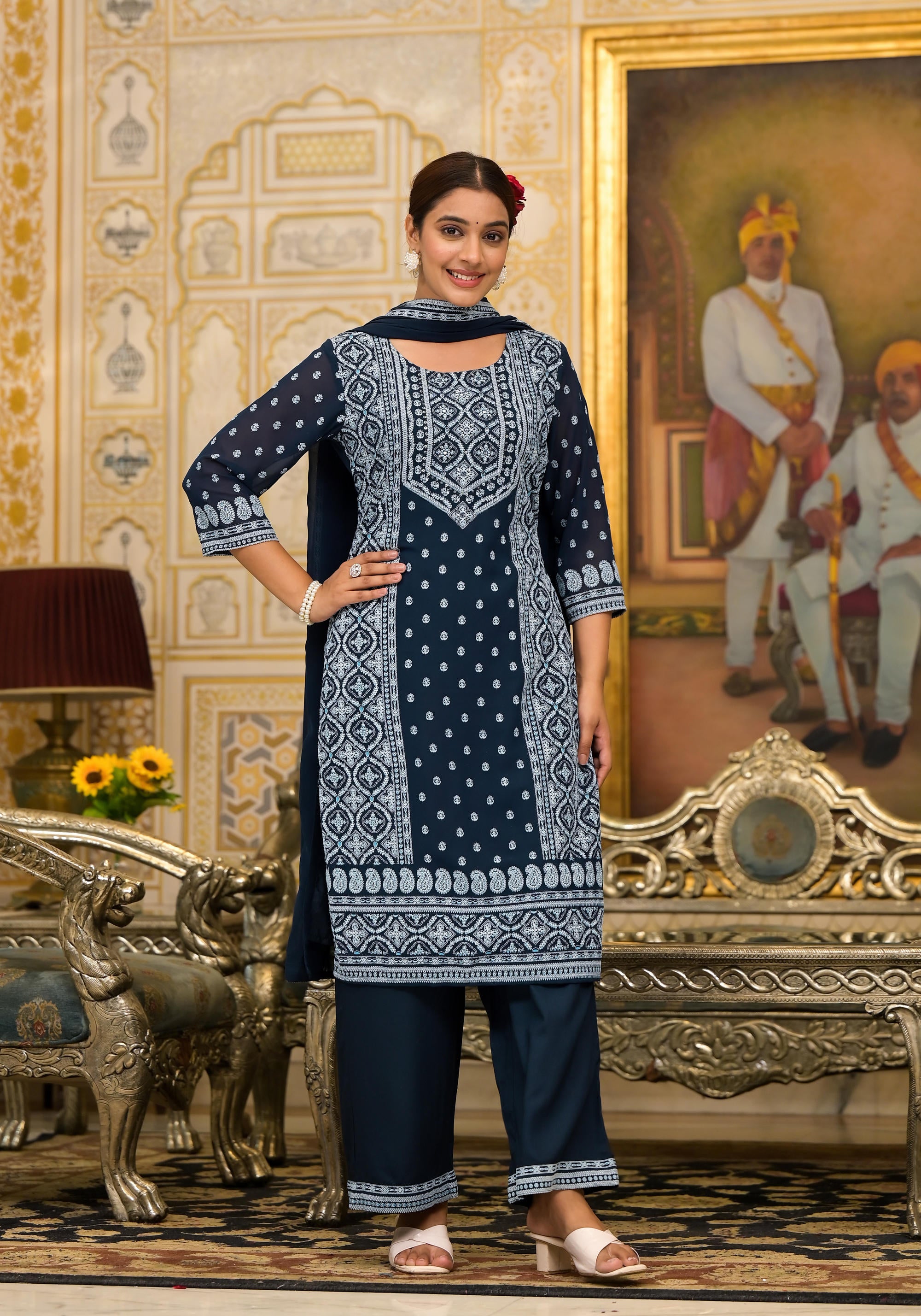 Navy Ethnic Motif Printed Georgette Kurta Pant And Dupatta Set With Sequins & Beads