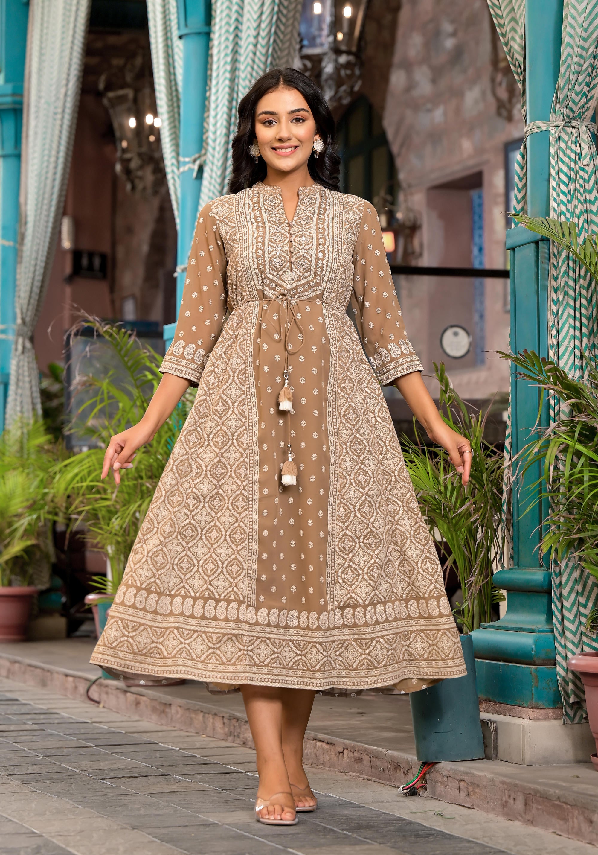 Brown Ethnic Motif Printed Georgette A-Lined Dress With Sequins & Doris