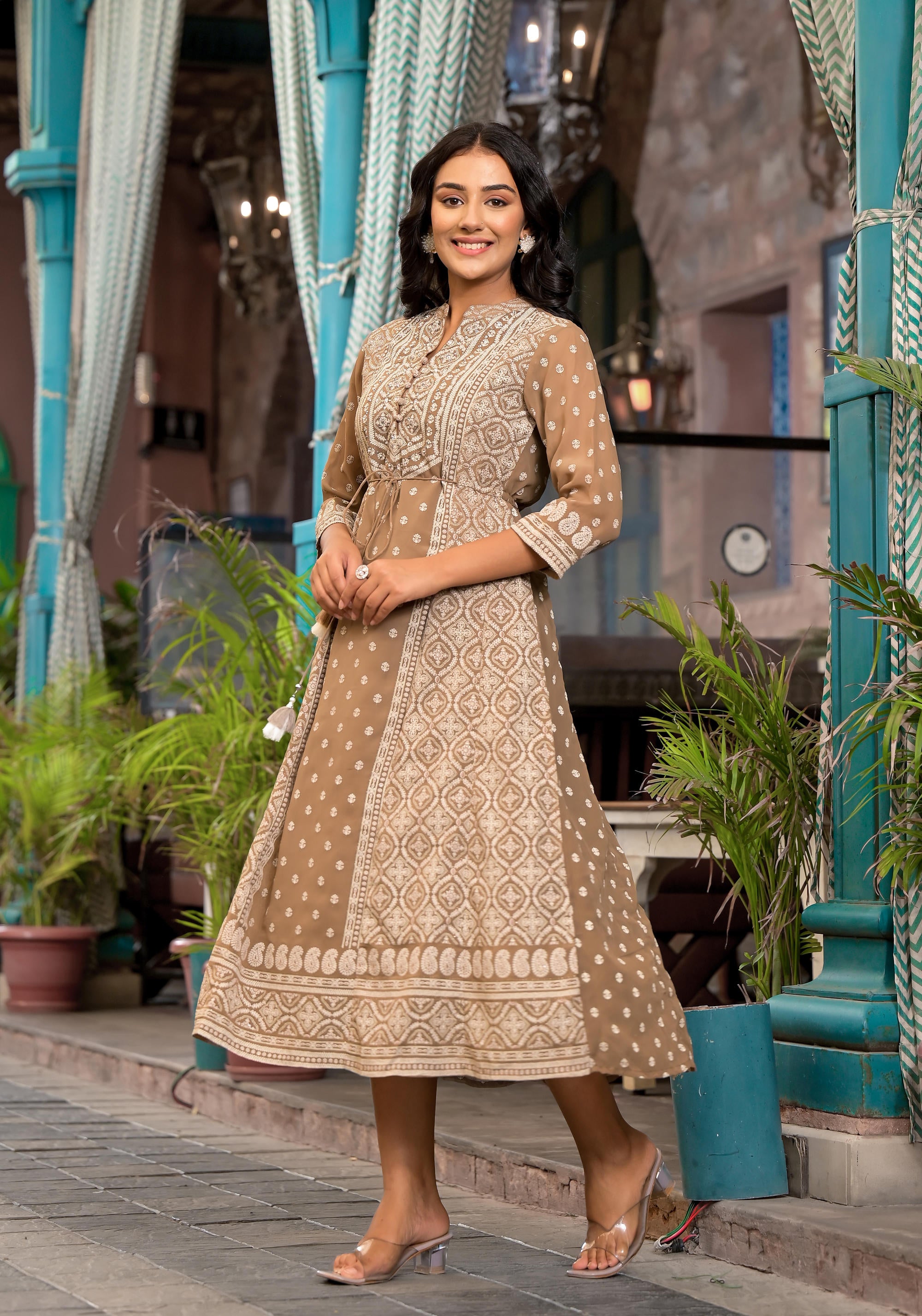 Brown Ethnic Motif Printed Georgette A-Lined Dress With Sequins & Doris