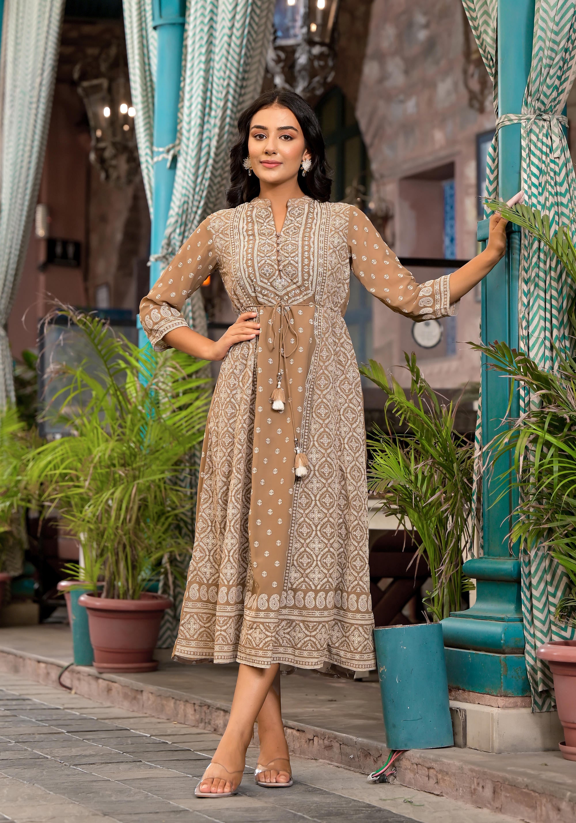 Brown Ethnic Motif Printed Georgette A-Lined Dress With Sequins & Doris