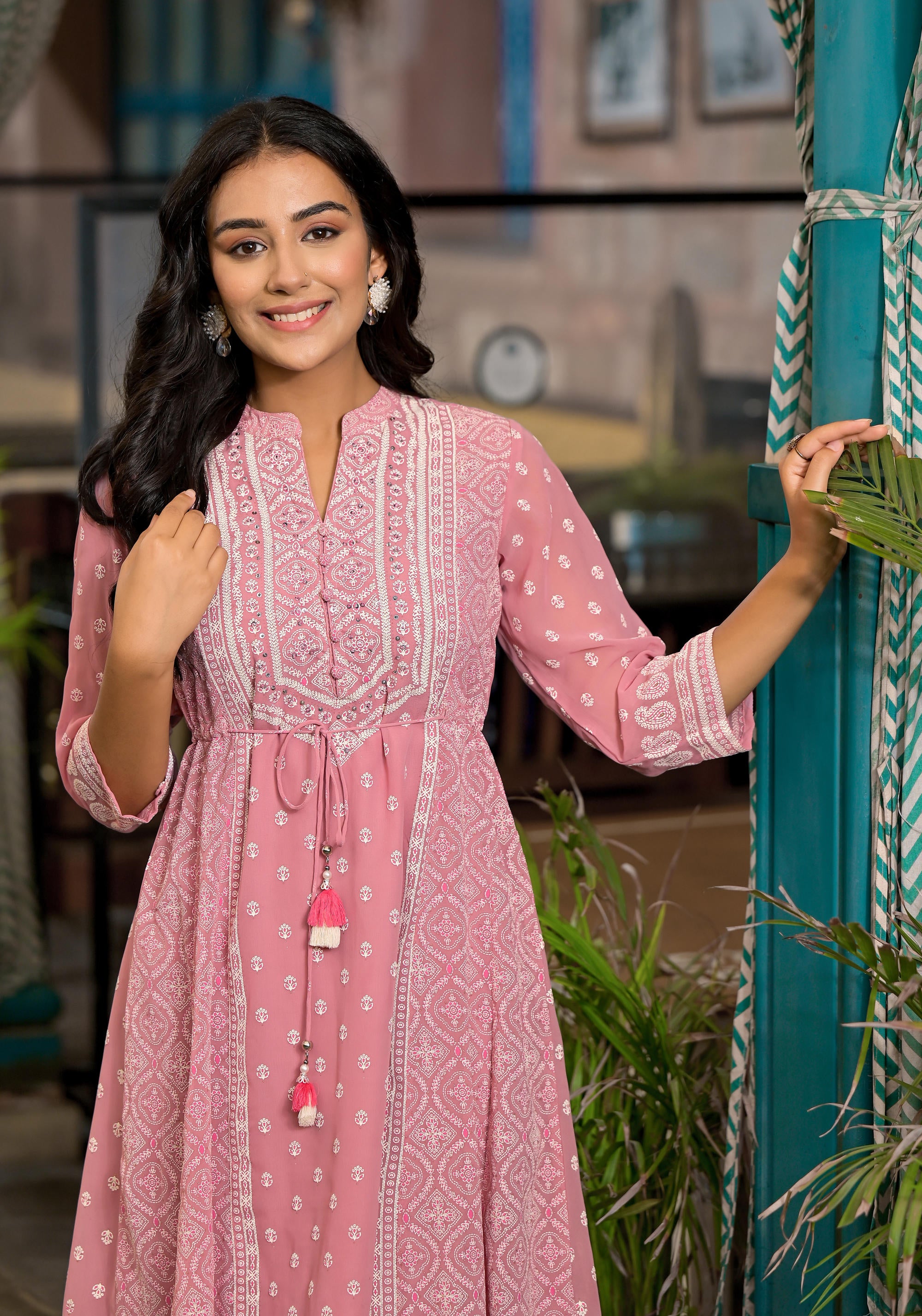 Pink Ethnic Motif Printed Georgette A-Lined Dress With Sequins & Doris