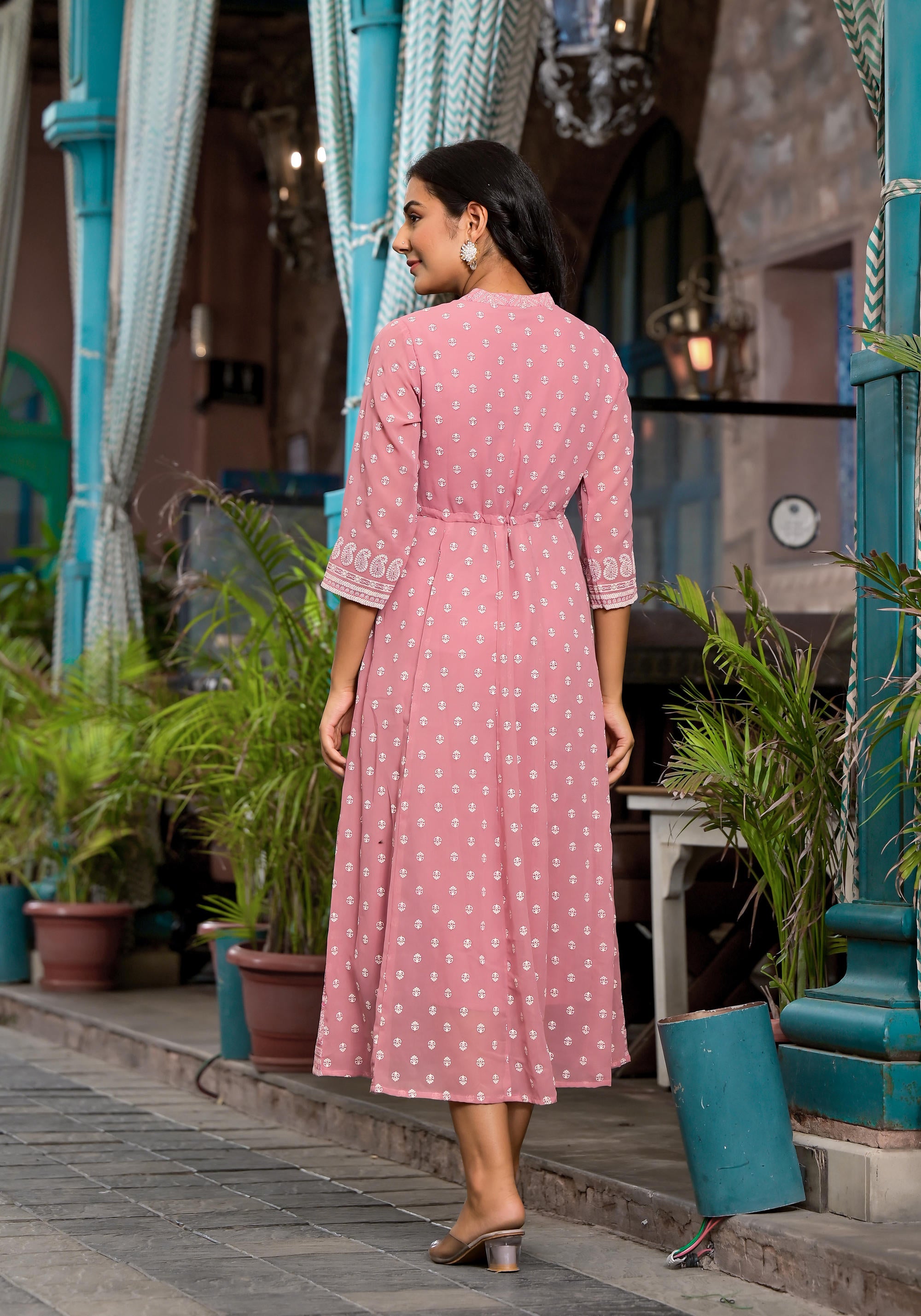 Pink Ethnic Motif Printed Georgette A-Lined Dress With Sequins & Doris