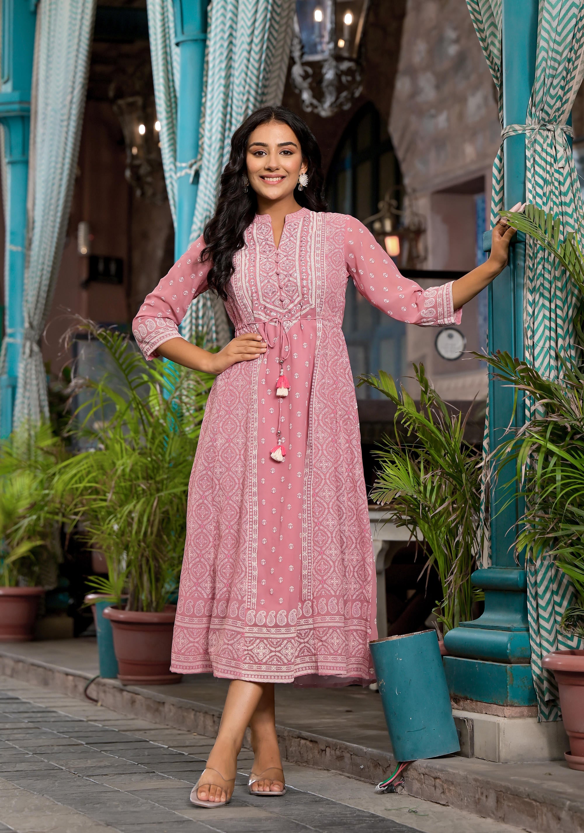 Pink Ethnic Motif Printed Georgette A-Lined Dress With Sequins & Doris