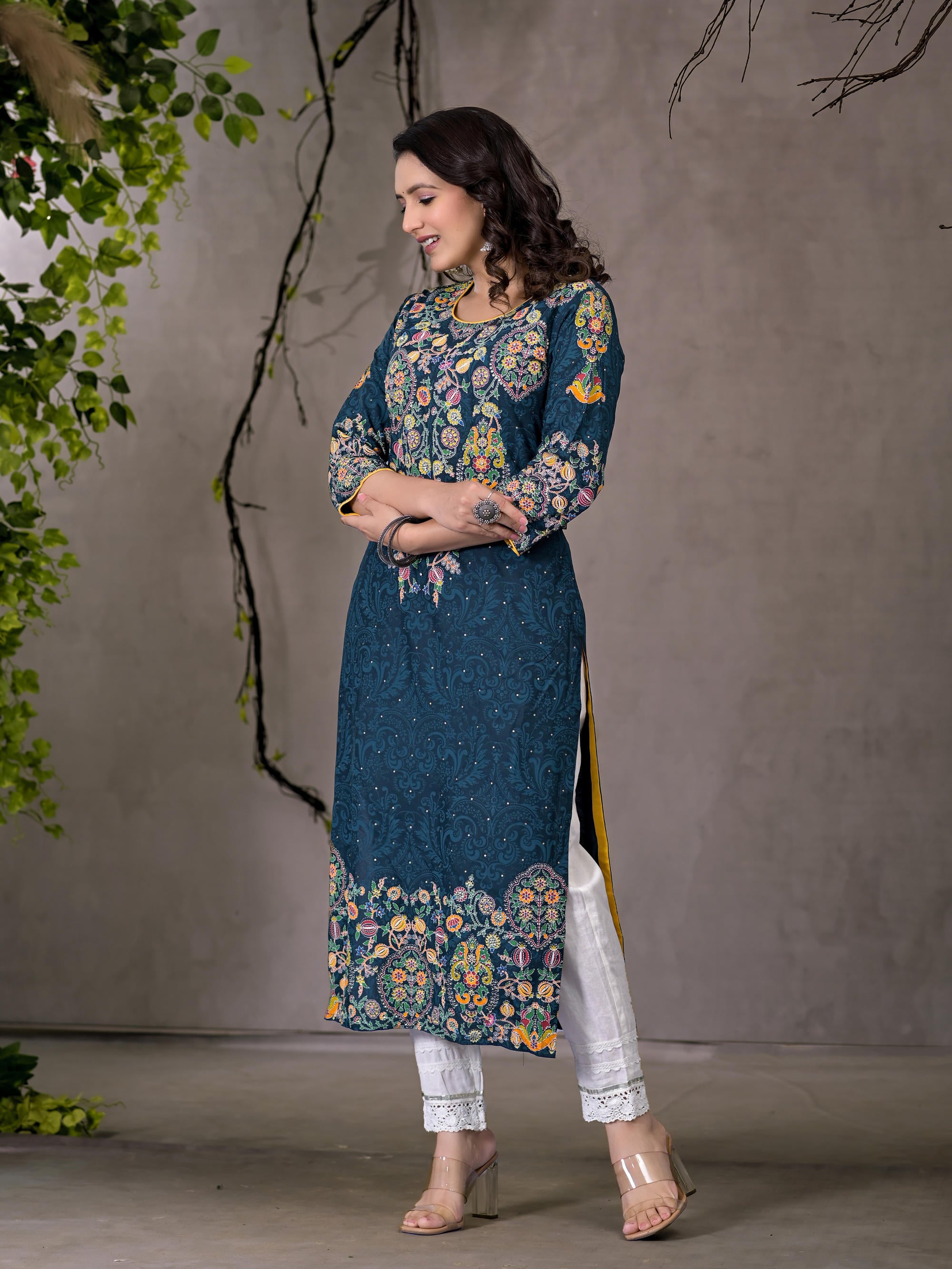 Navy Thread Work Embroidered Liva Rayon Kurta With Sequins & Beads