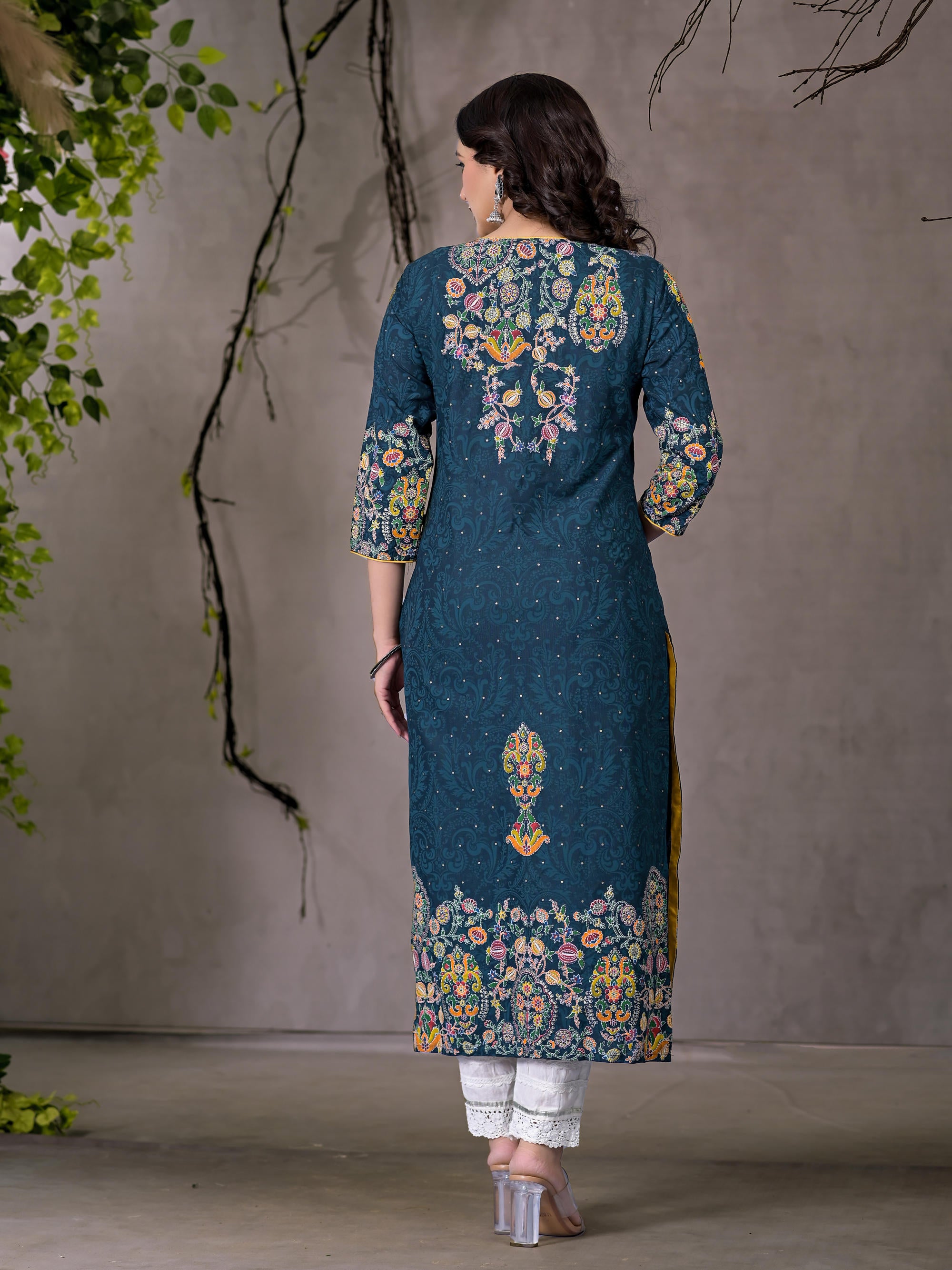 Navy Thread Work Embroidered Liva Rayon Kurta With Sequins & Beads