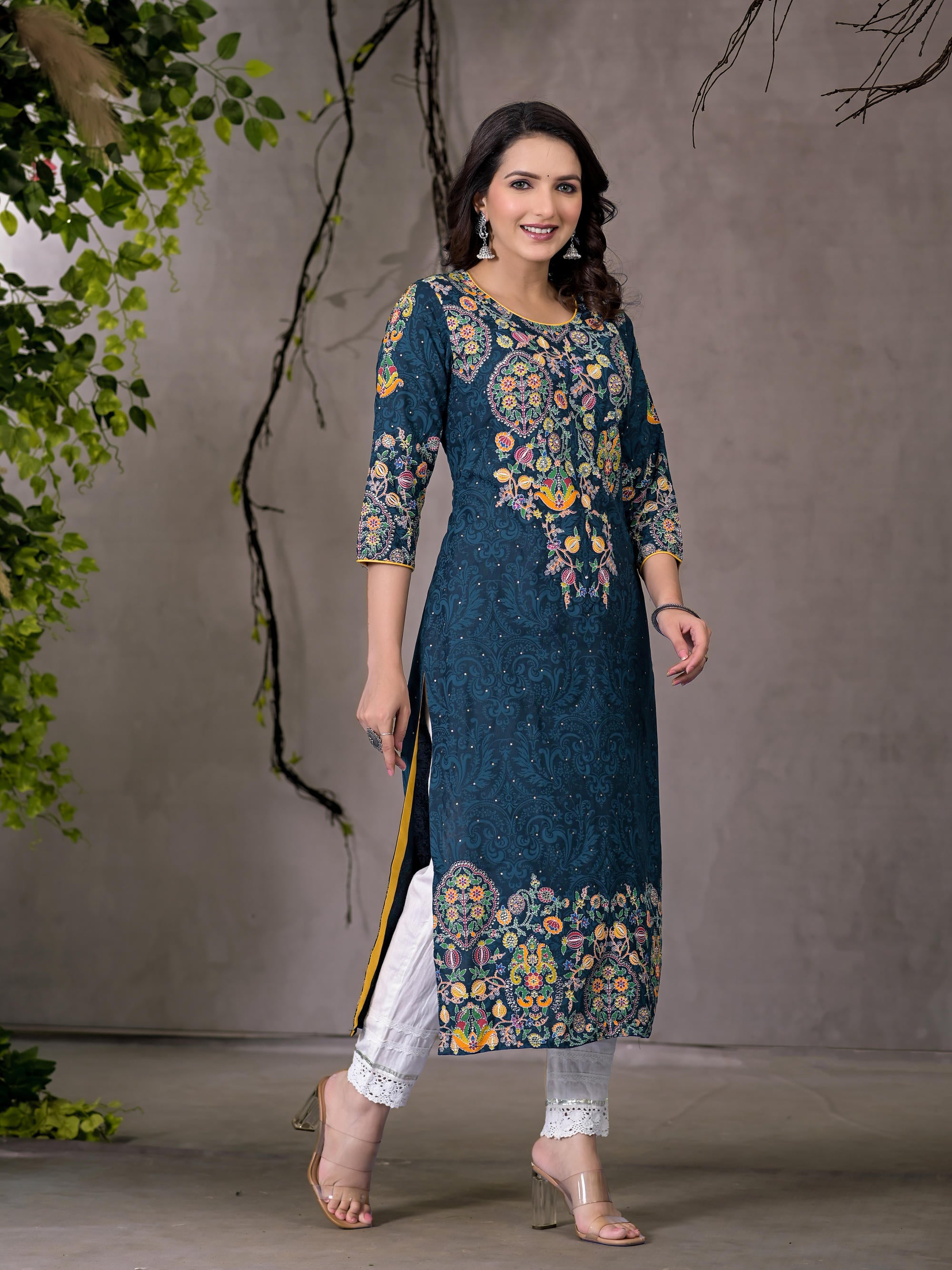 Navy Thread Work Embroidered Liva Rayon Kurta With Sequins & Beads