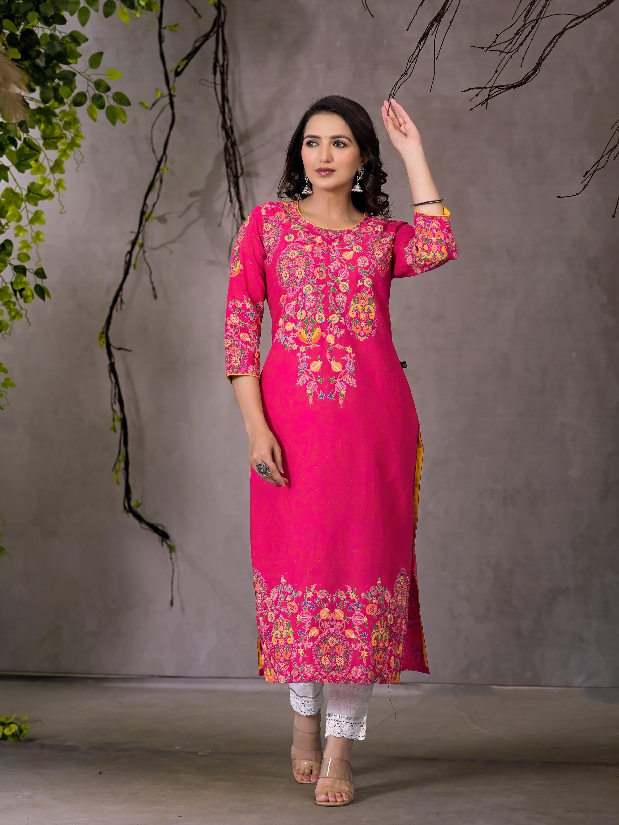 Pink Thread Embroidered Liva Rayon Kurta With Sequins & Beads