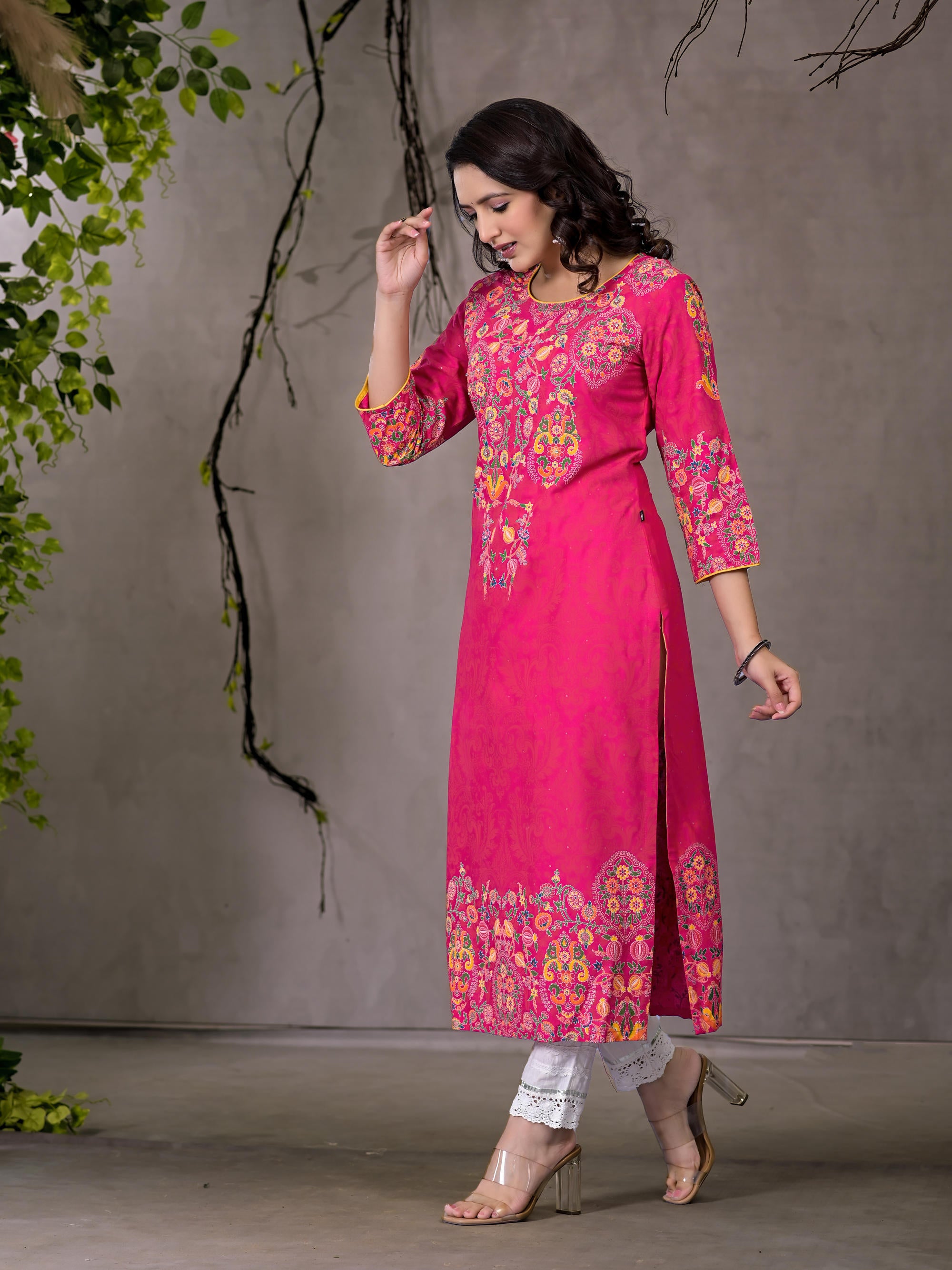 Pink Thread Embroidered Liva Rayon Kurta With Sequins & Beads