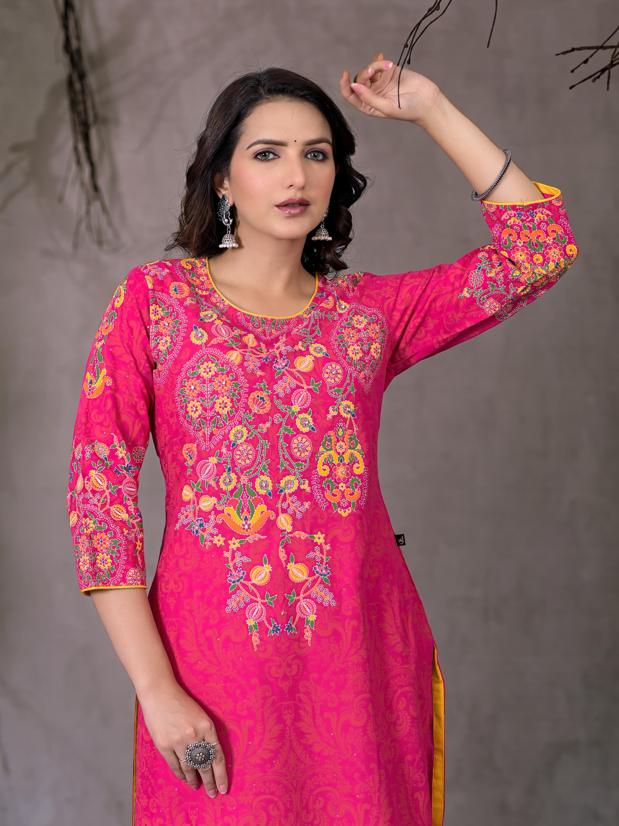 Pink Thread Embroidered Liva Rayon Kurta With Sequins & Beads