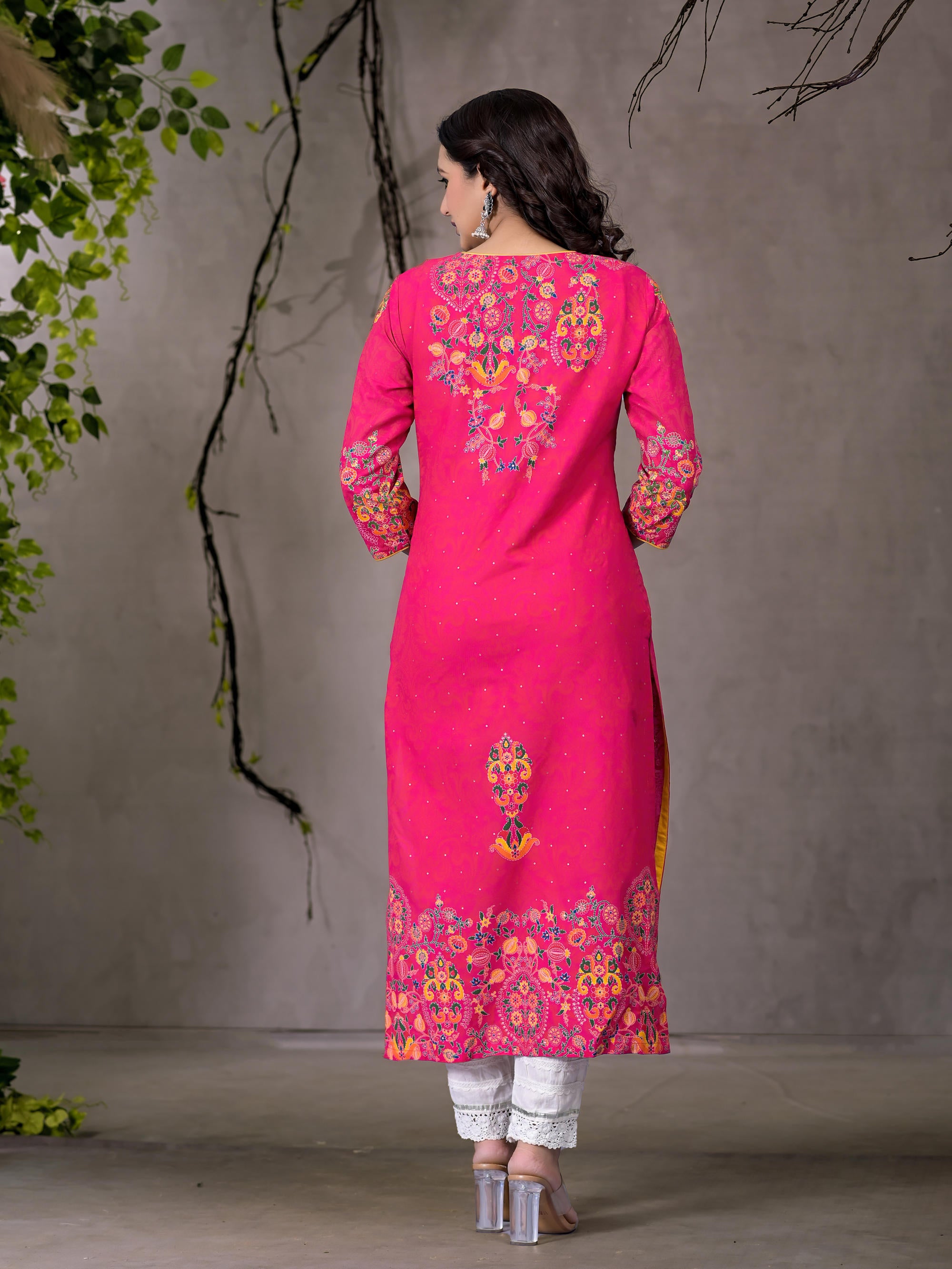 Pink Thread Embroidered Liva Rayon Kurta With Sequins & Beads