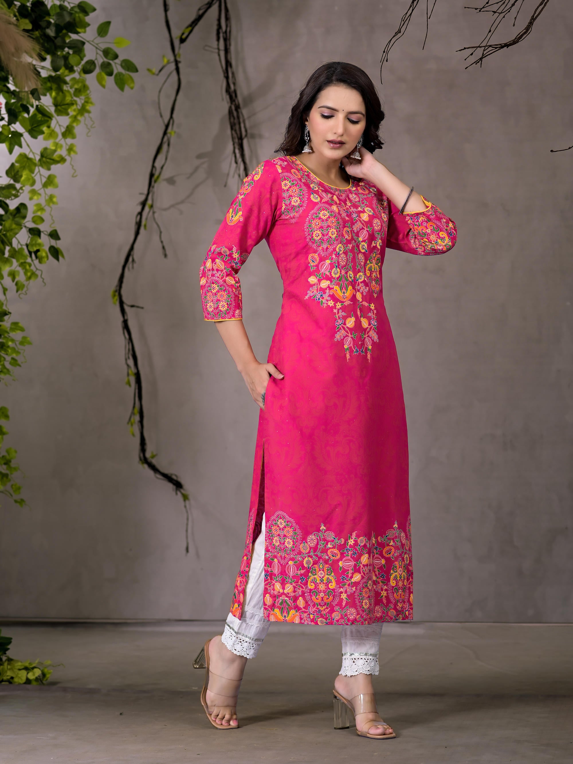 Pink Thread Embroidered Liva Rayon Kurta With Sequins & Beads