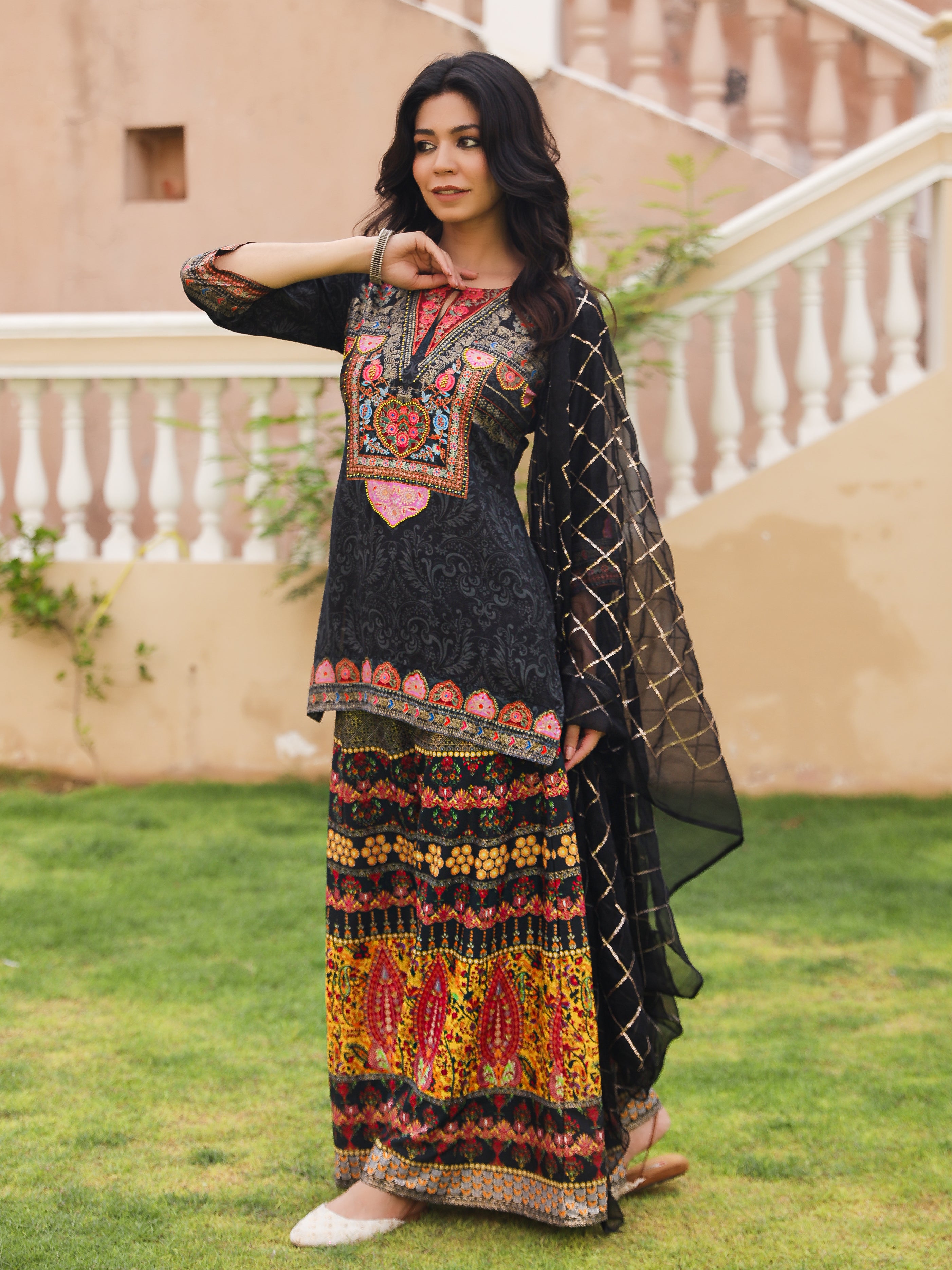 Black Ethnic Motif Printed Viscose Tunic Sharara & Dupatta Set With Sequins Thread Work