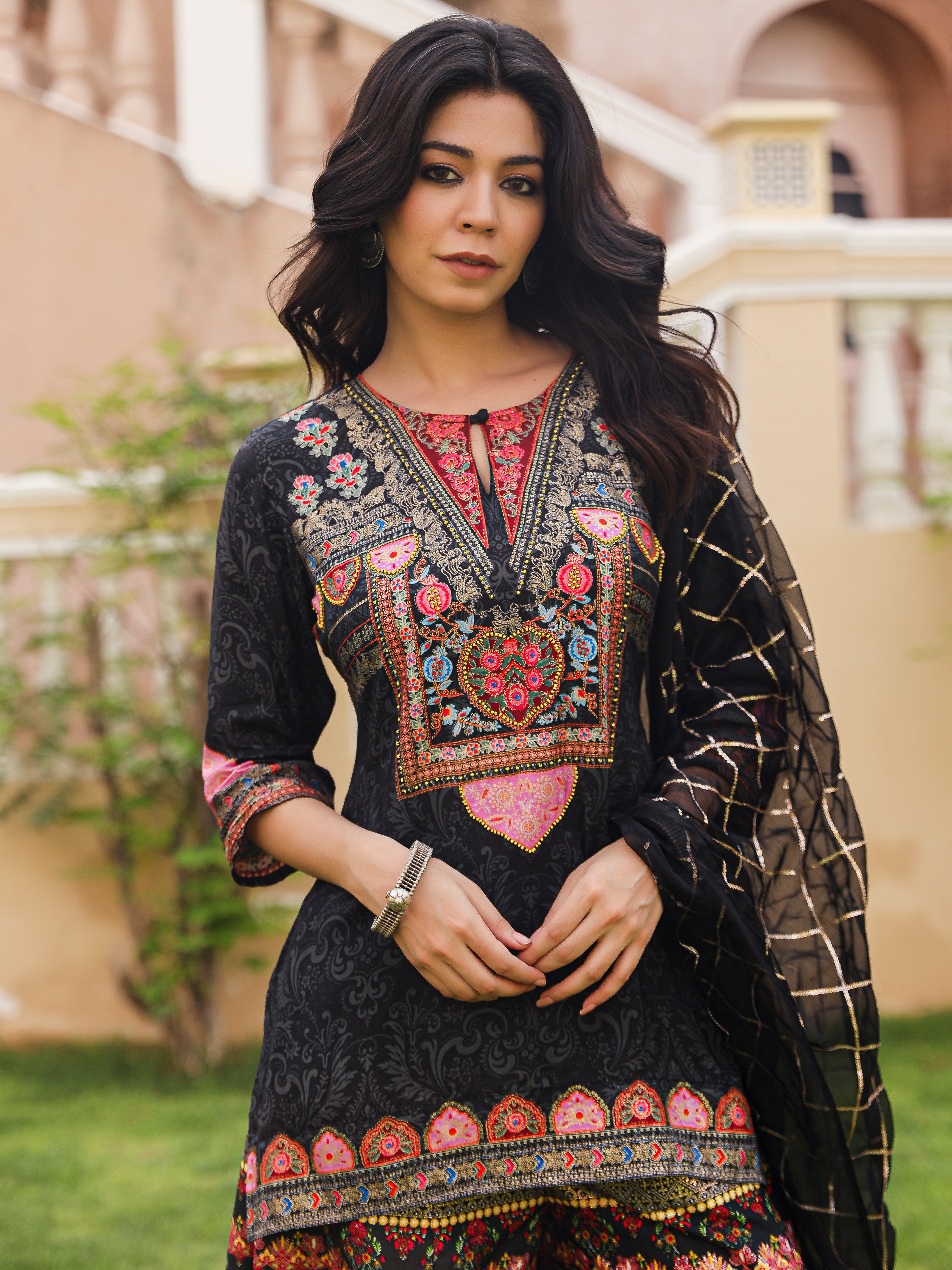 Black Ethnic Motif Printed Viscose Tunic Sharara & Dupatta Set With Sequins Thread Work