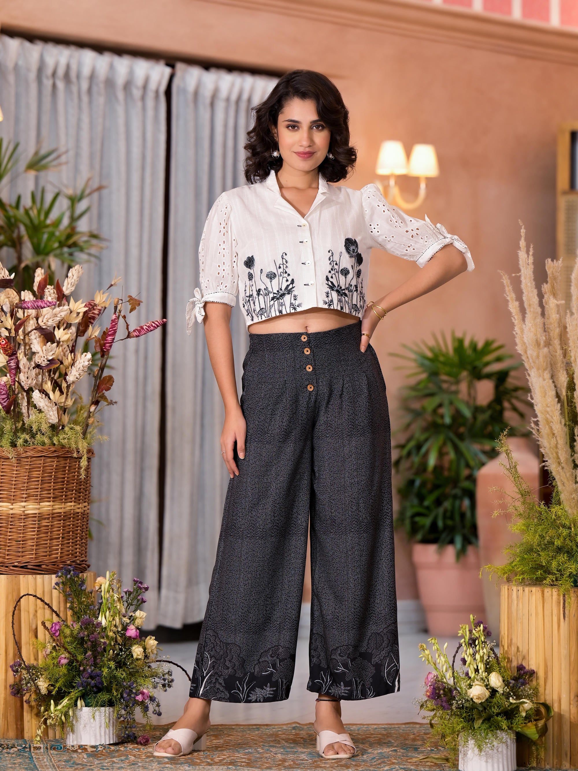 Black & White Thread Embroidered Cotton Shirt Style Crop Top & Pant Co-Ord Set With Buttons & Tie-ups