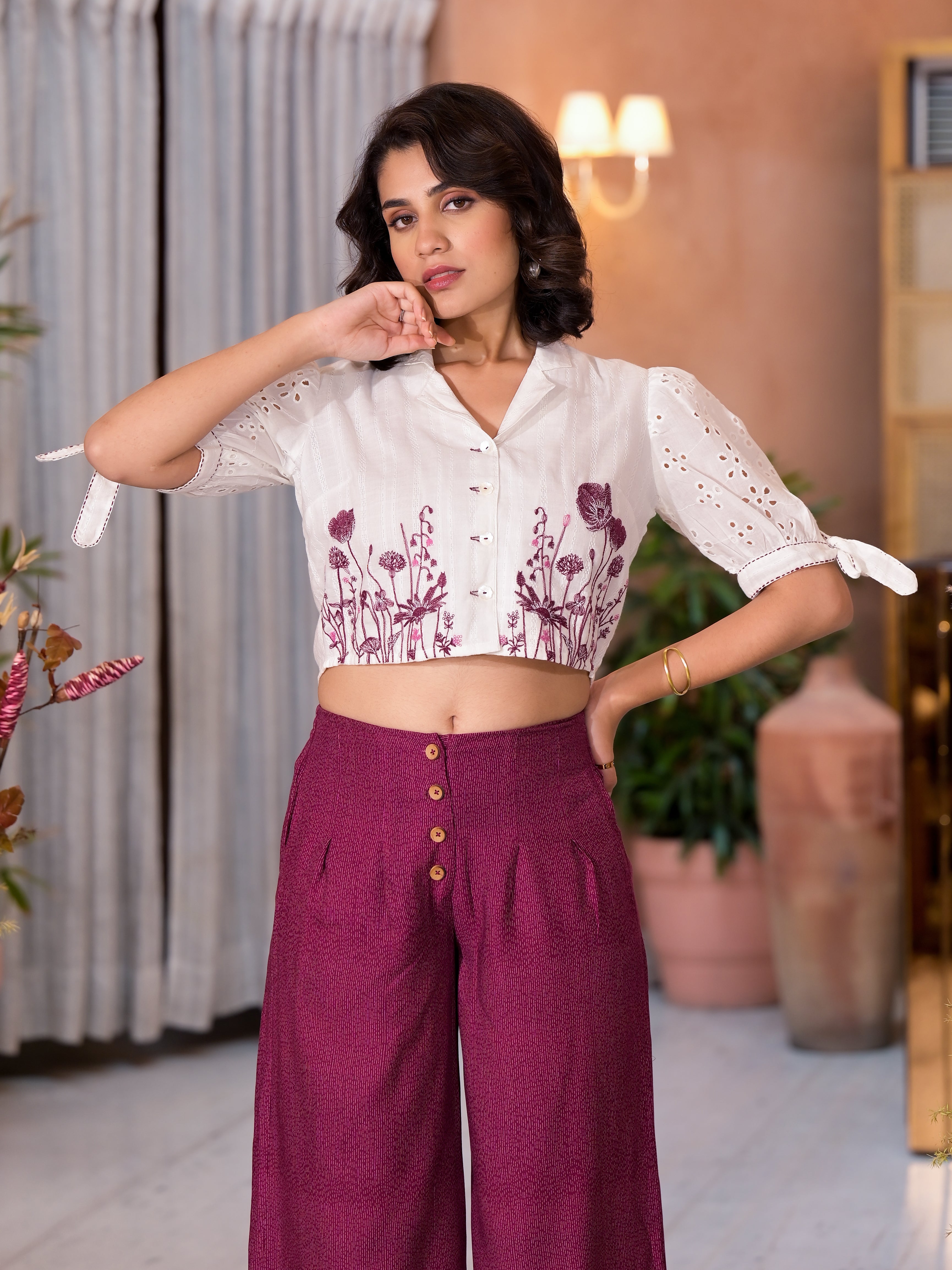 Wine Thread Embroidered Cotton Shirt Crop Top & Pant Co-Ord Set With Buttons & Tie-Ups