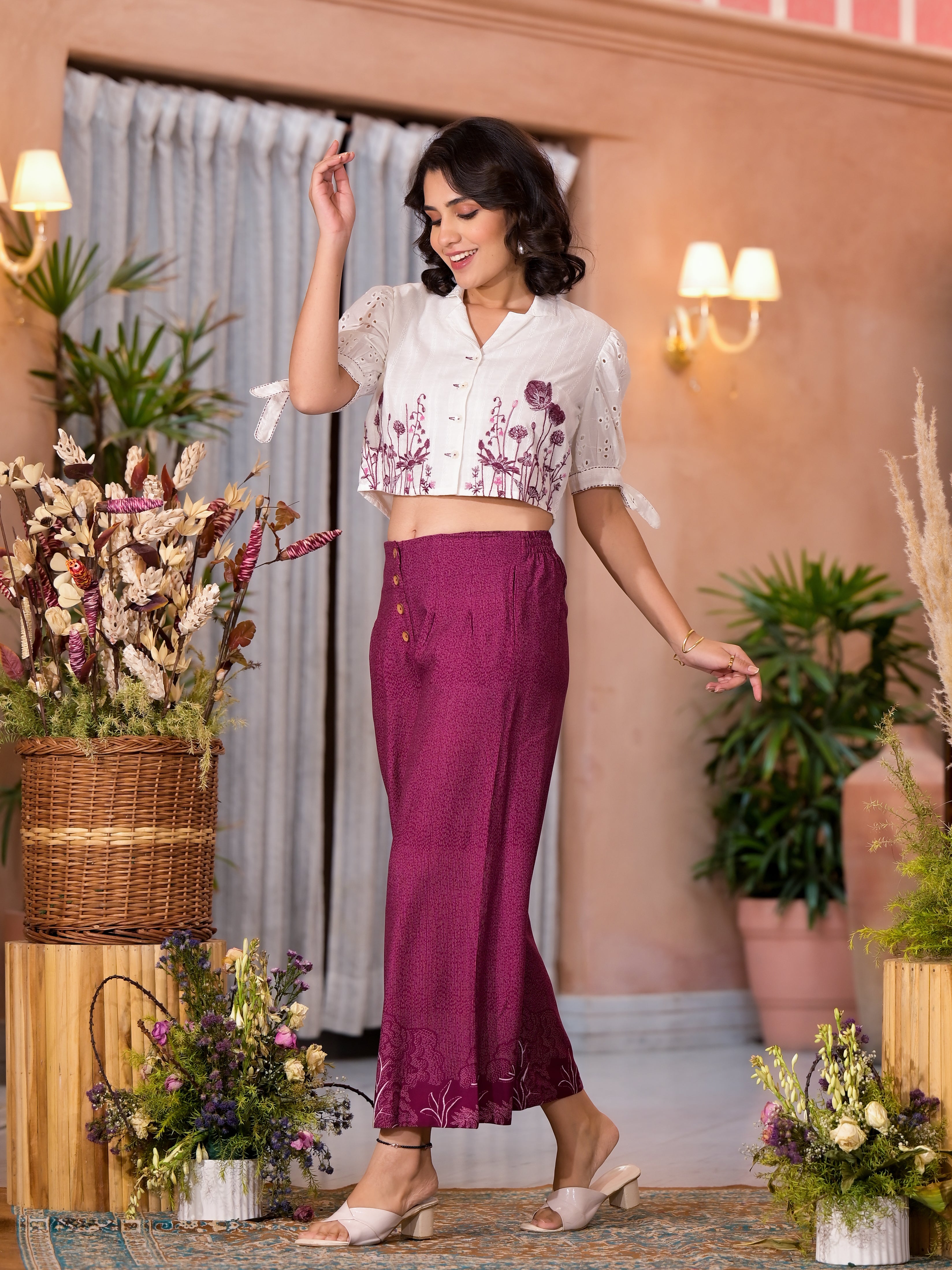 Wine Thread Embroidered Cotton Shirt Crop Top & Pant Co-Ord Set With Buttons & Tie-Ups