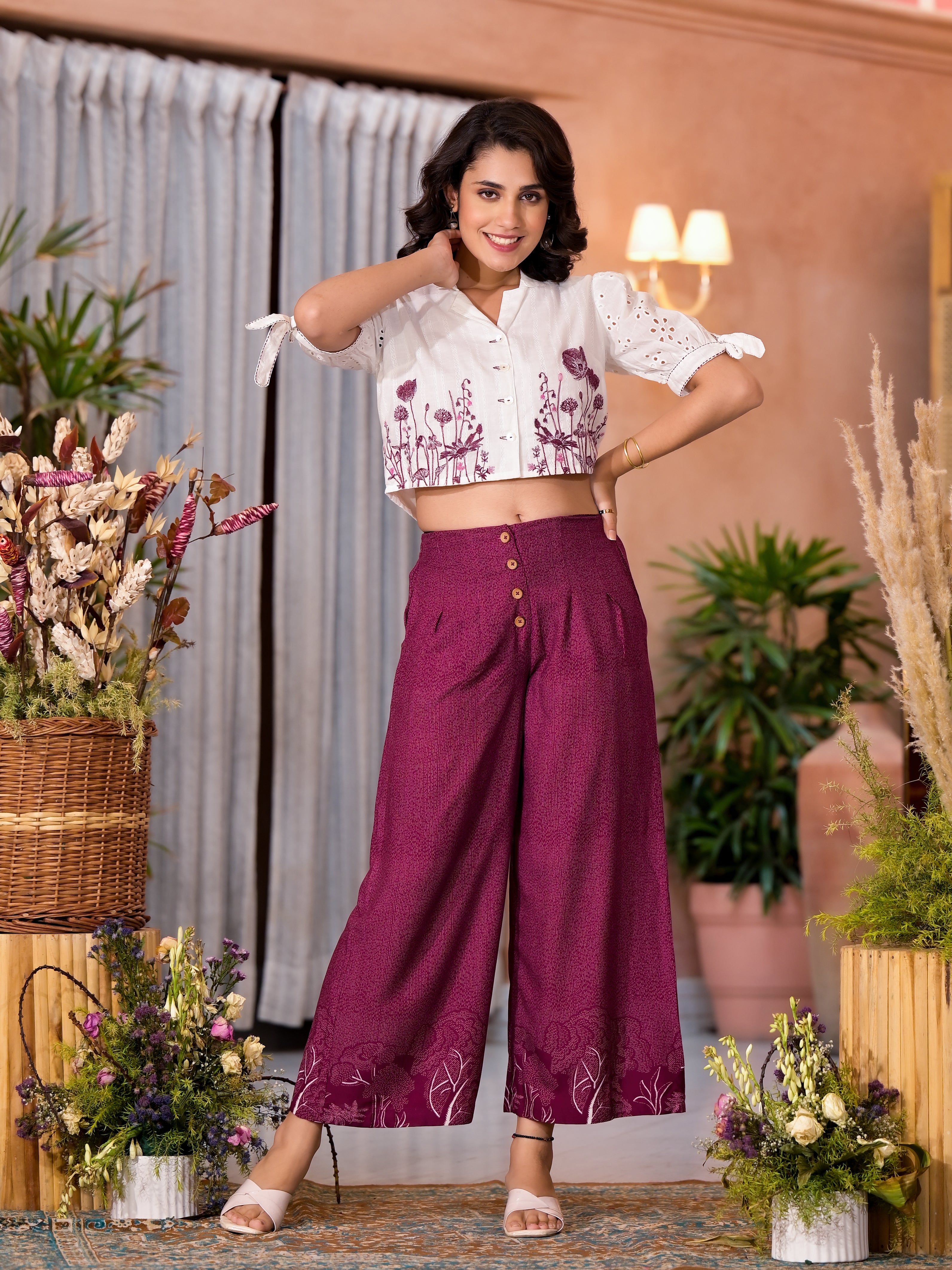 Wine Thread Embroidered Cotton Shirt Crop Top & Pant Co-Ord Set With Buttons & Tie-Ups