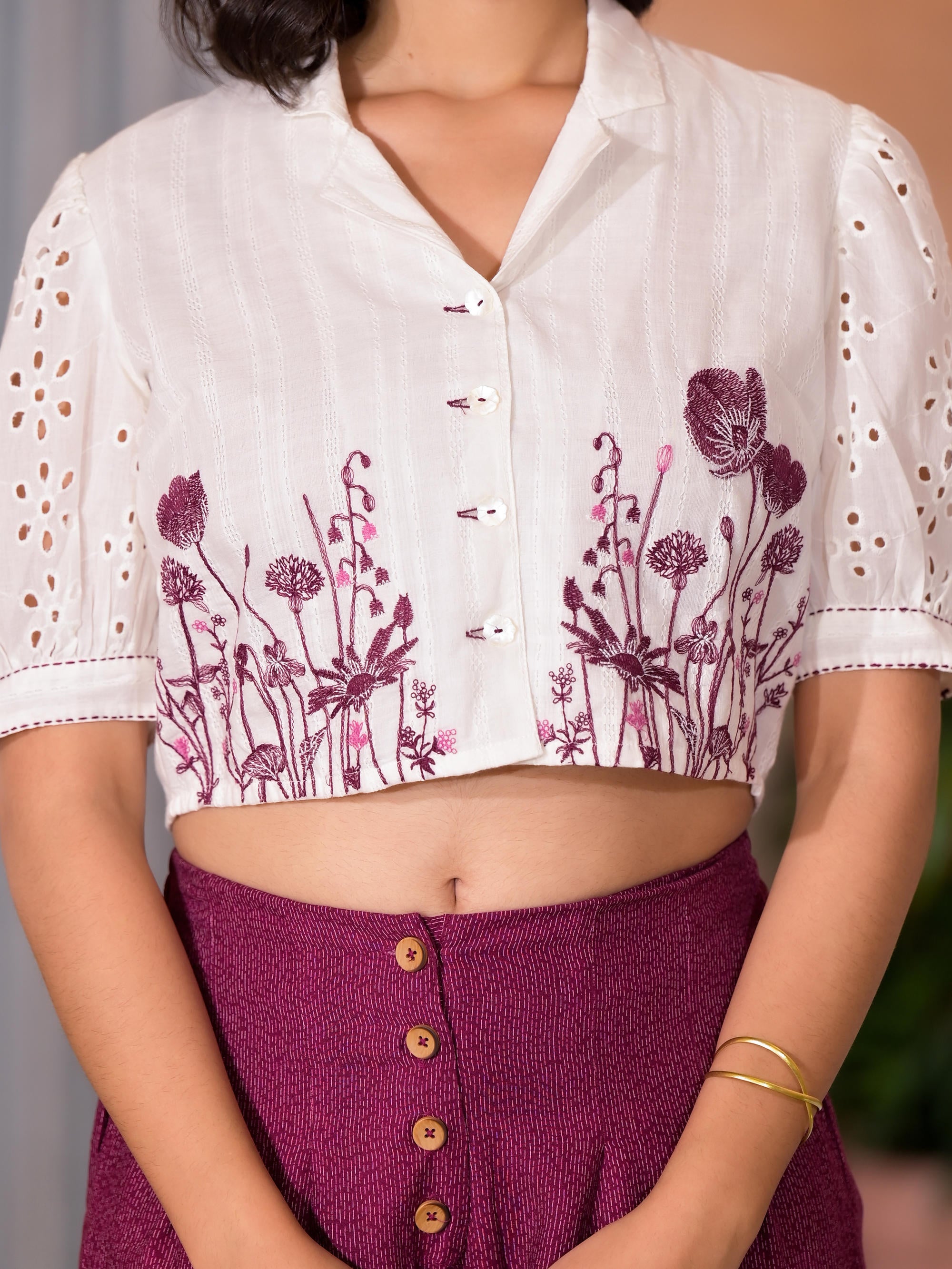 Wine Thread Embroidered Cotton Shirt Crop Top & Pant Co-Ord Set With Buttons & Tie-Ups