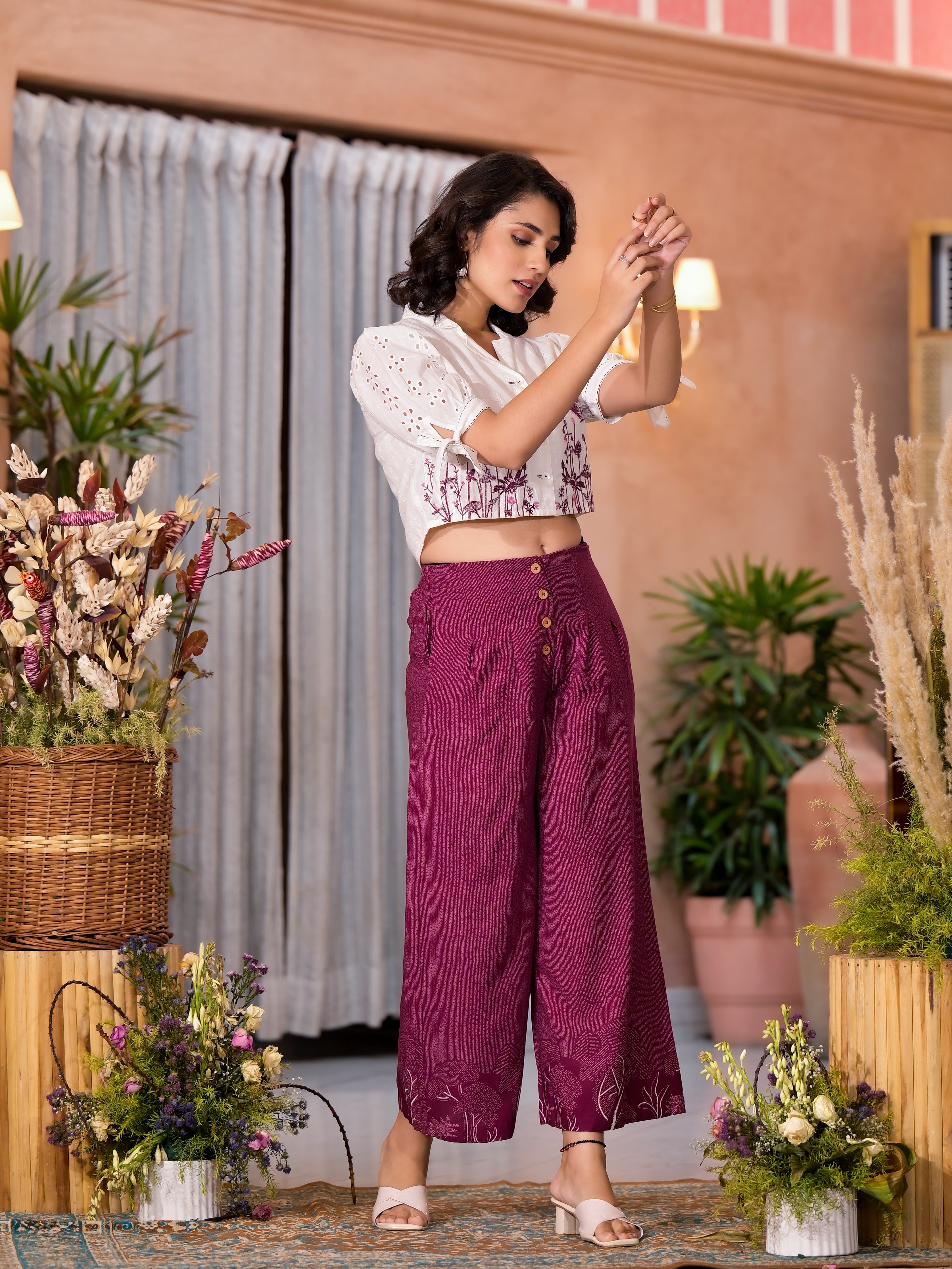 Wine Thread Embroidered Cotton Shirt Crop Top & Pant Co-Ord Set With Buttons & Tie-Ups