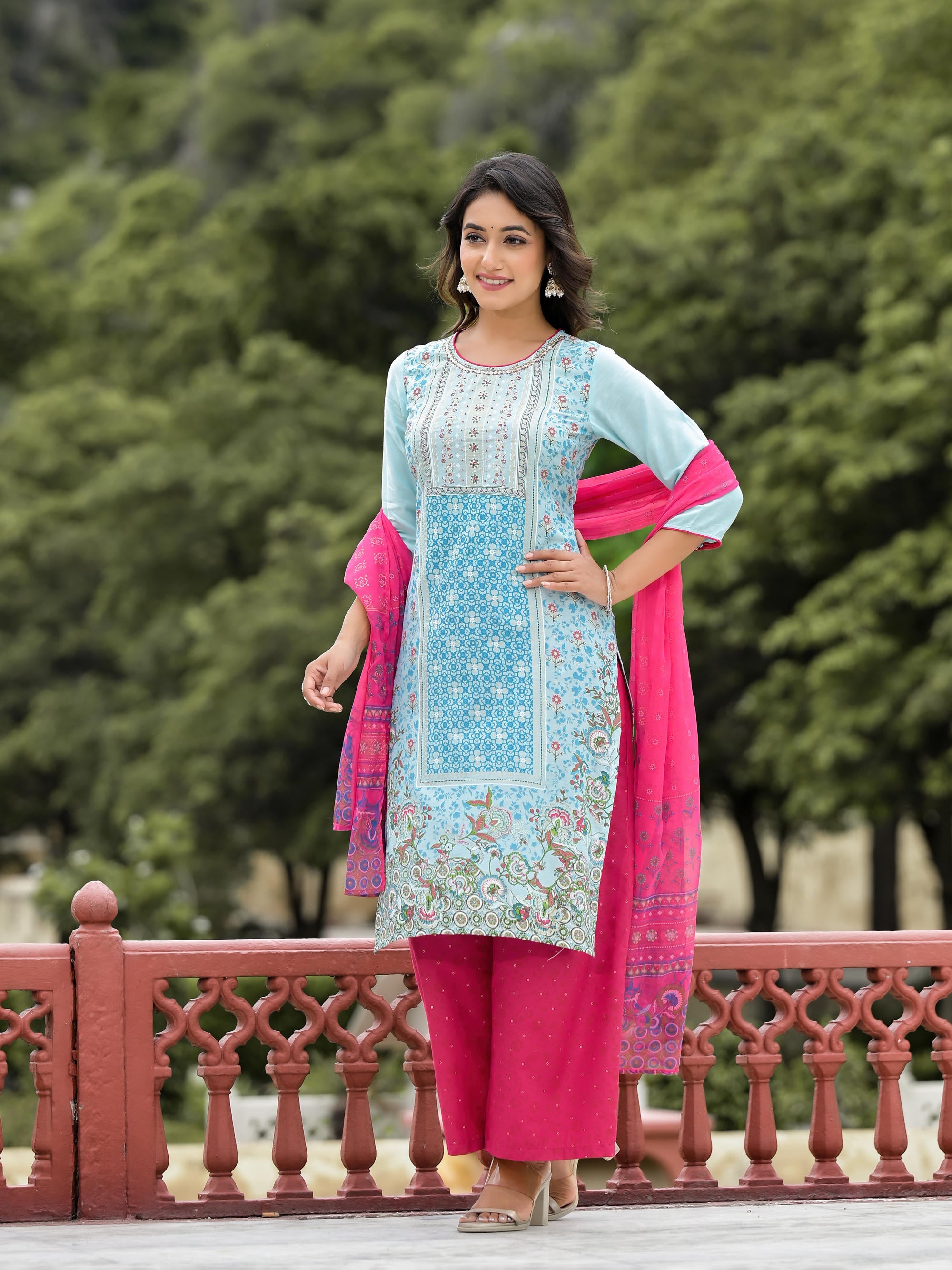 Sky Blue Ethnic Motif Printed Viscose Kurta Pant And Dupatta Set With Sequins Work And Beads Work