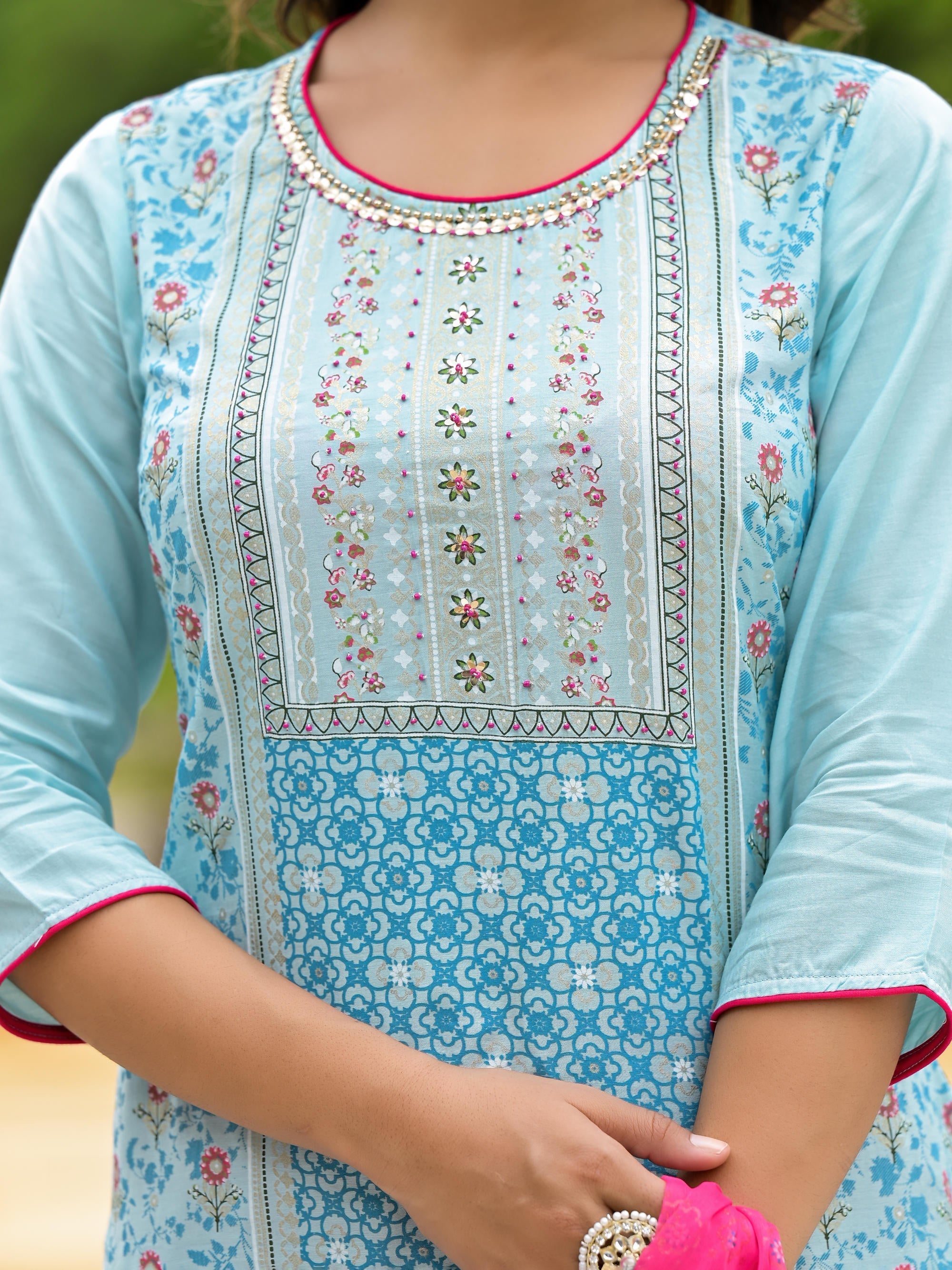 Sky Blue Ethnic Motif Printed Viscose Kurta Pant And Dupatta Set With Sequins Work And Beads Work