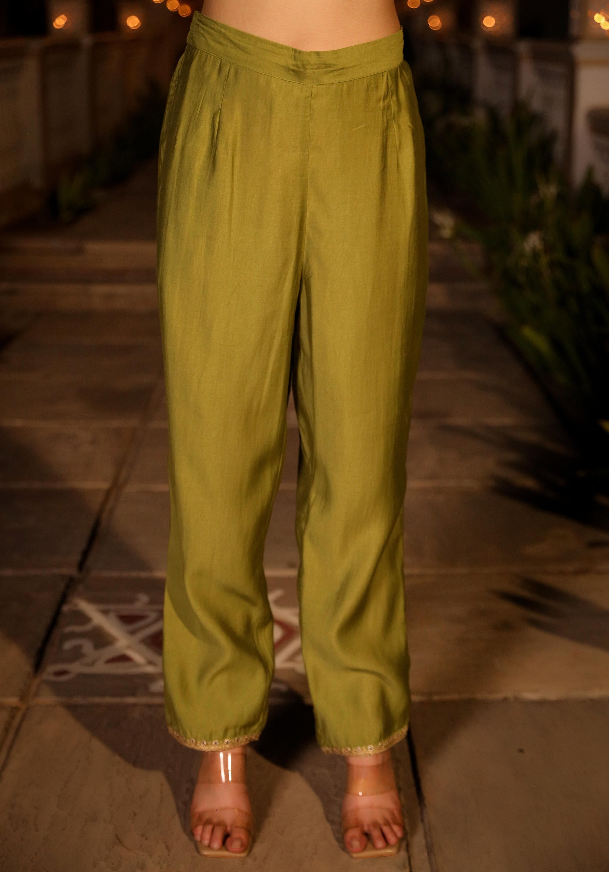 The Swarn Green Zari Embroidered Viscose Kurta Pant And Dupatta With Mirror Work