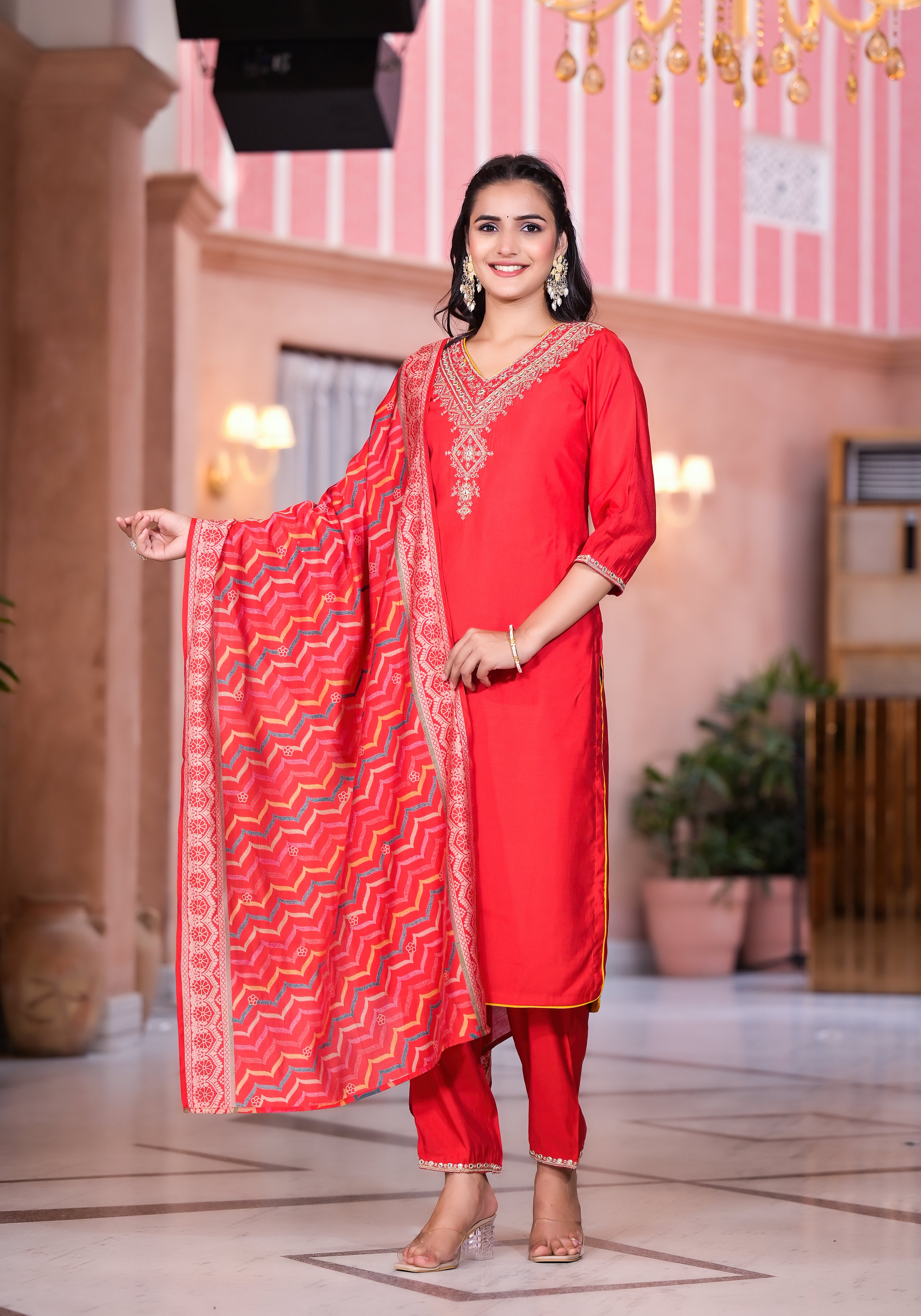 Red Solid Viscose Kurta Pant With Dupatta Set With Zari & Mirror Embroidery