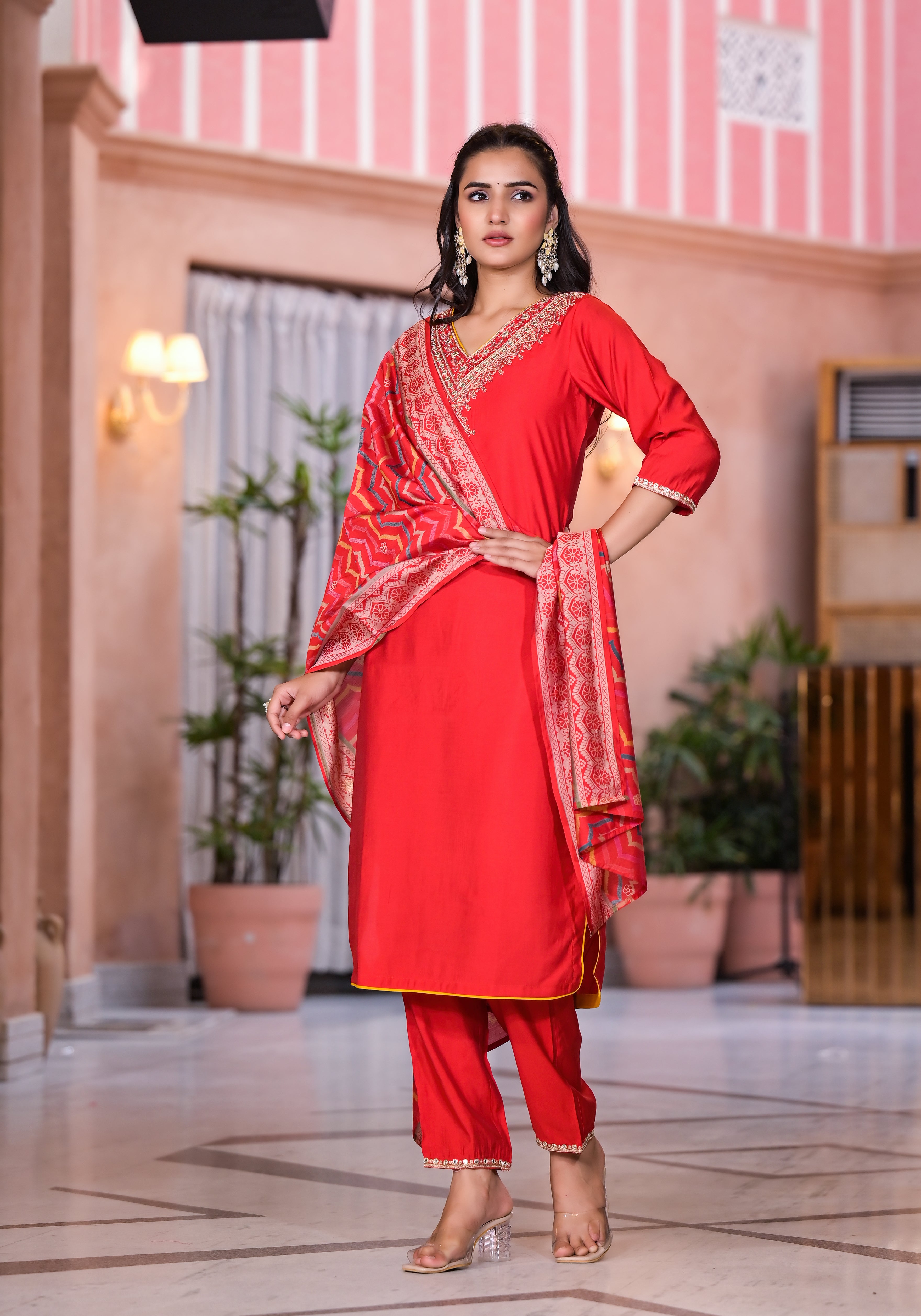 Red Solid Viscose Kurta Pant With Dupatta Set With Zari & Mirror Embroidery