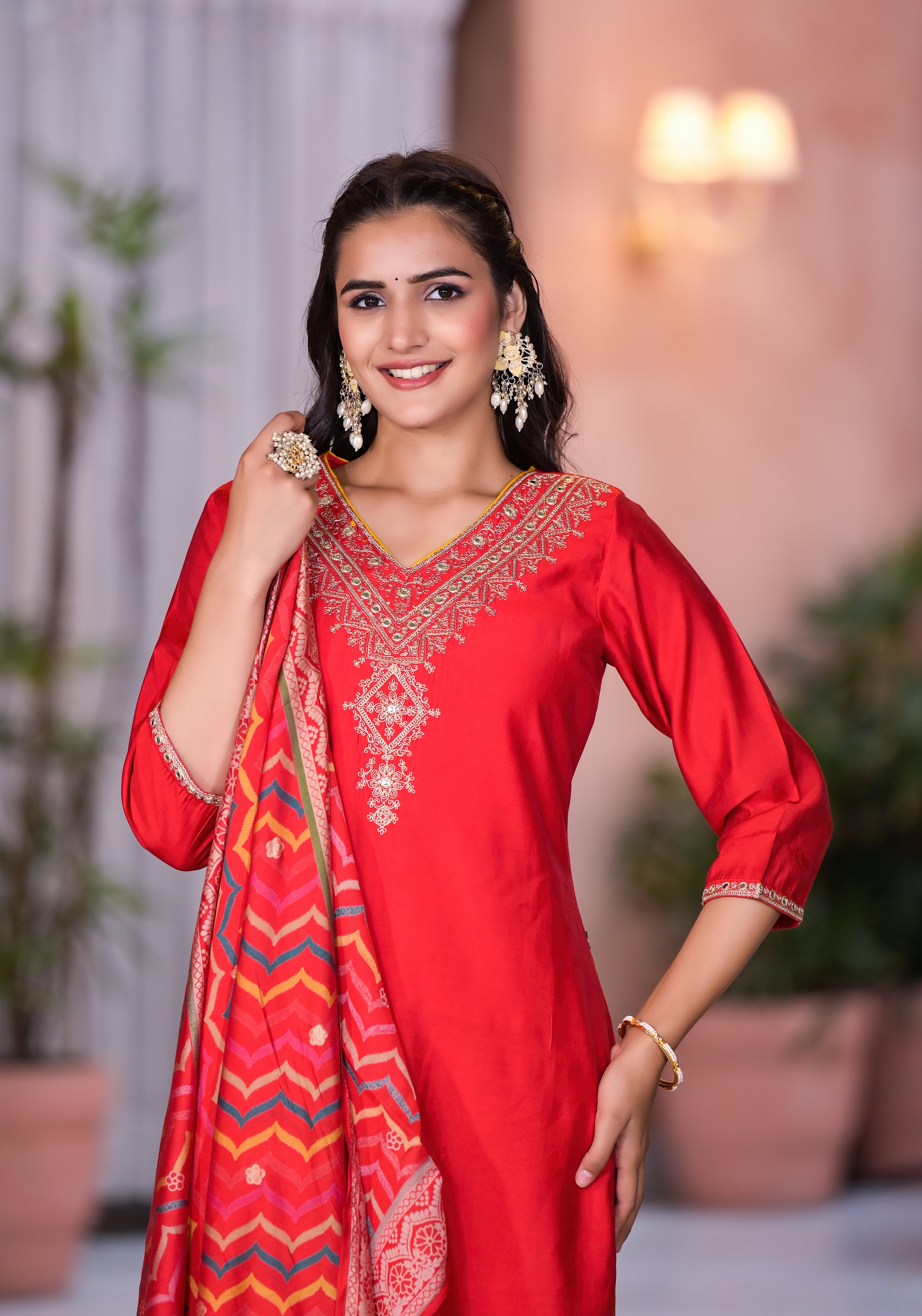 Red Solid Viscose Kurta Pant With Dupatta Set With Zari & Mirror Embroidery