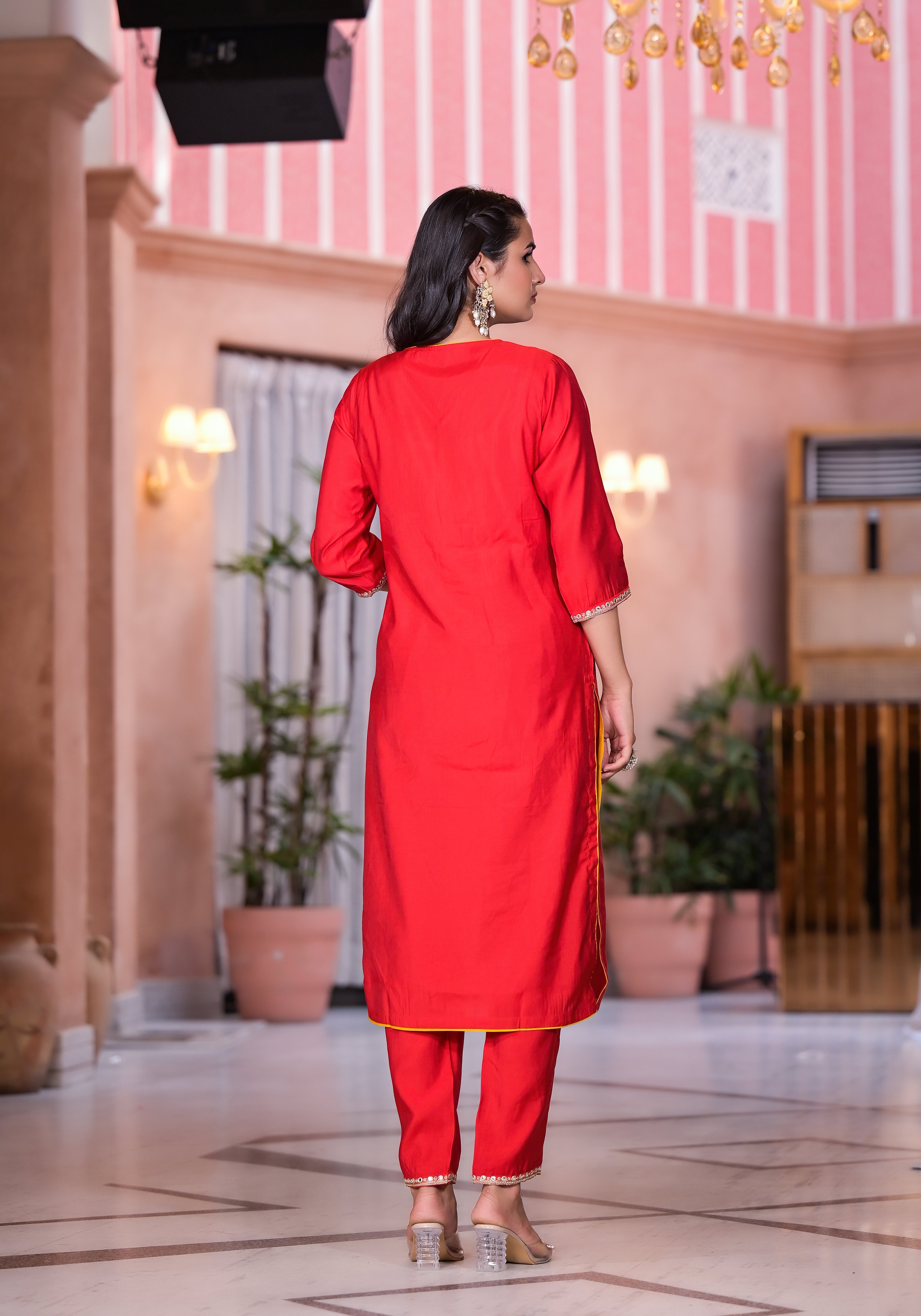 Red Solid Viscose Kurta Pant With Dupatta Set With Zari & Mirror Embroidery