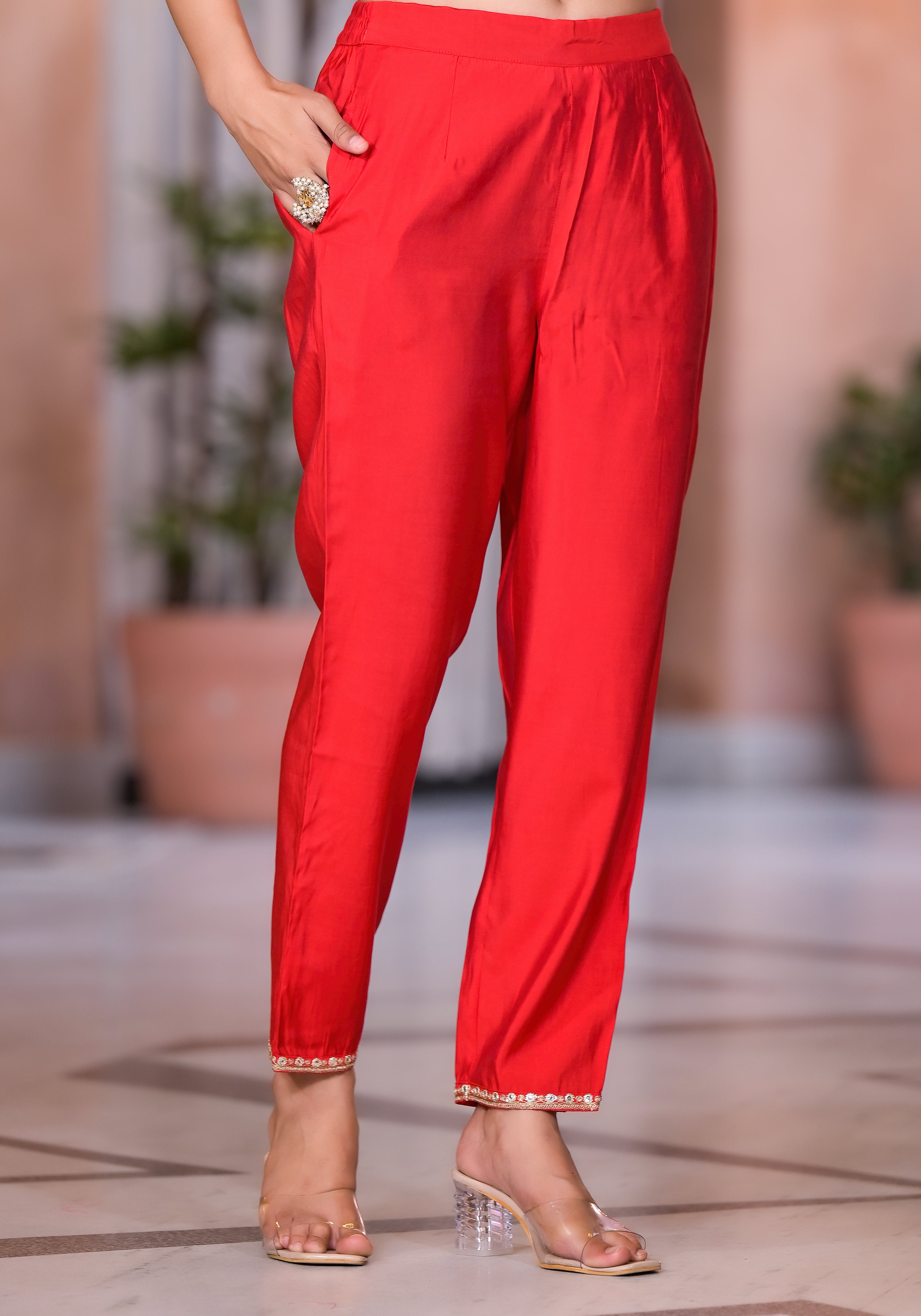 Red Solid Viscose Kurta Pant With Dupatta Set With Zari & Mirror Embroidery