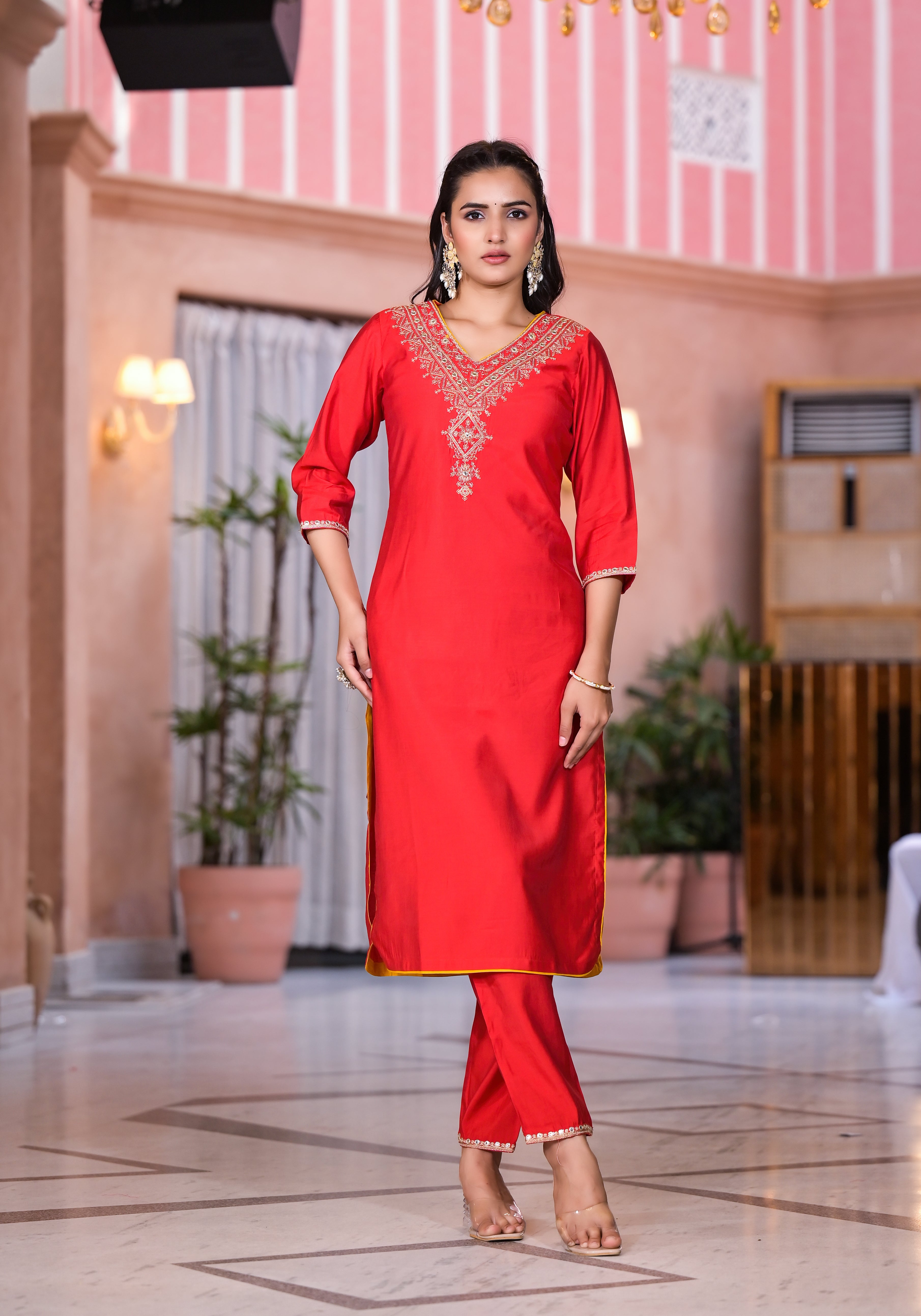 Red Solid Viscose Kurta Pant With Dupatta Set With Zari & Mirror Embroidery