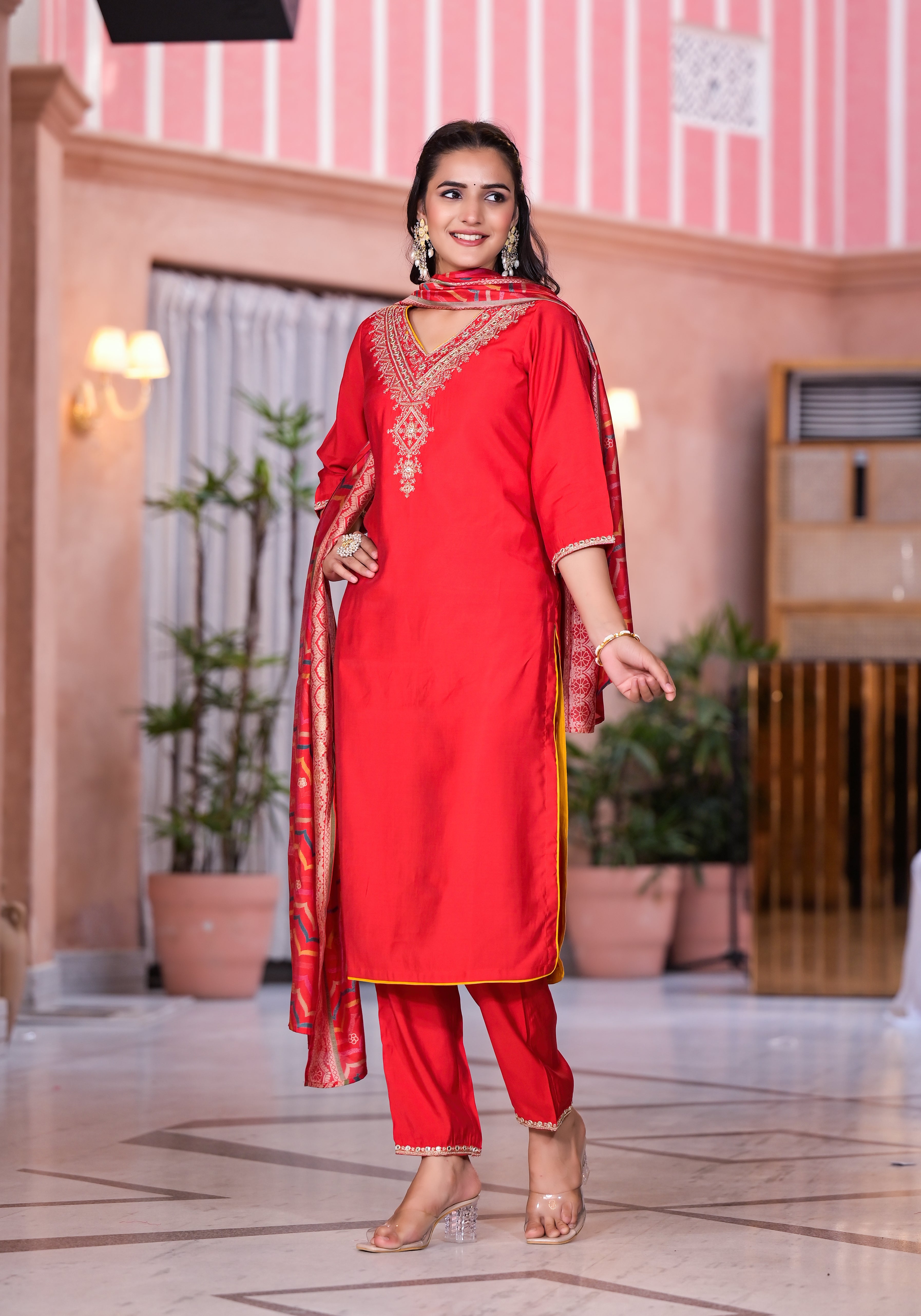 Red Solid Viscose Kurta Pant With Dupatta Set With Zari & Mirror Embroidery