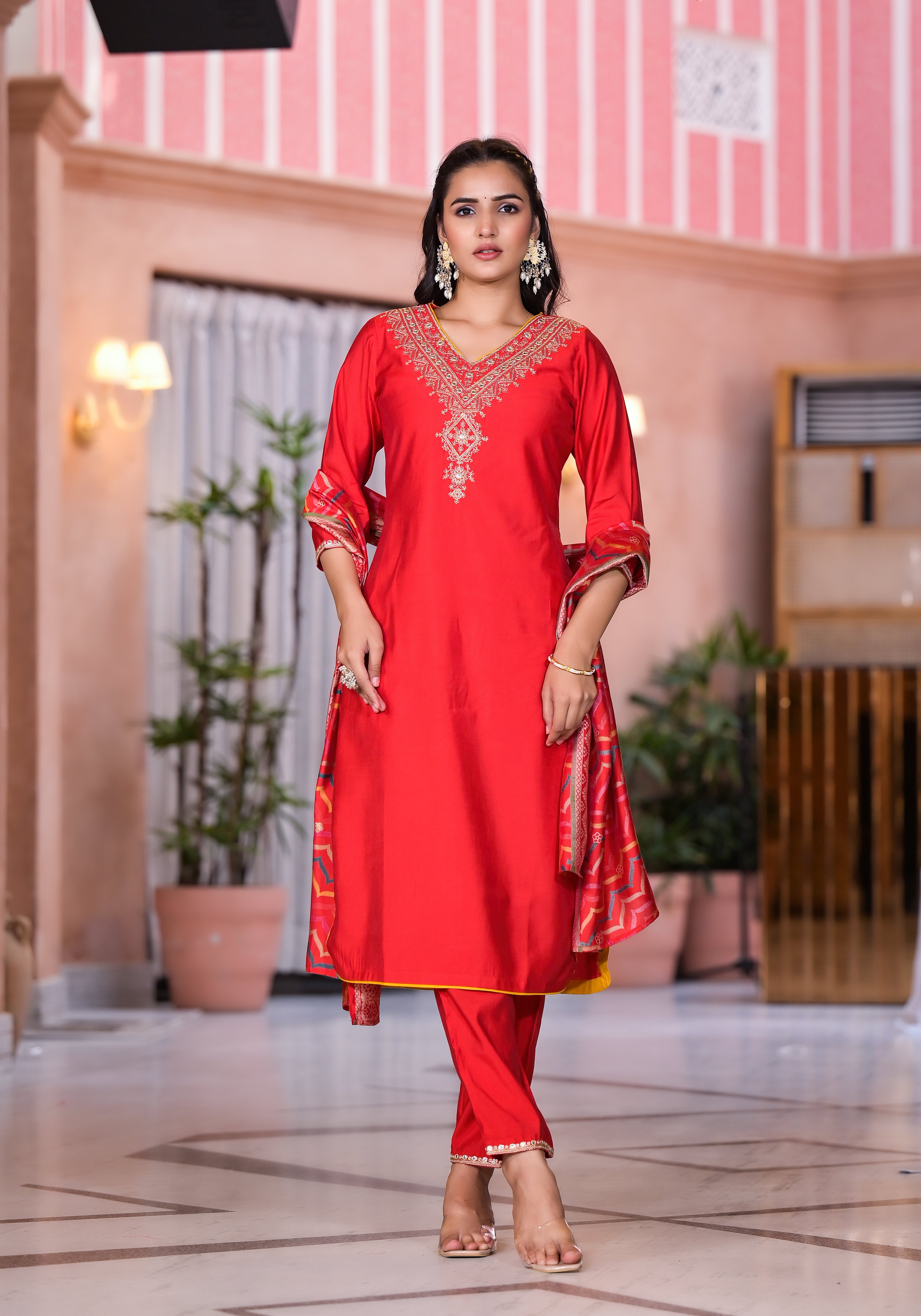 Red Solid Viscose Kurta Pant With Dupatta Set With Zari & Mirror Embroidery