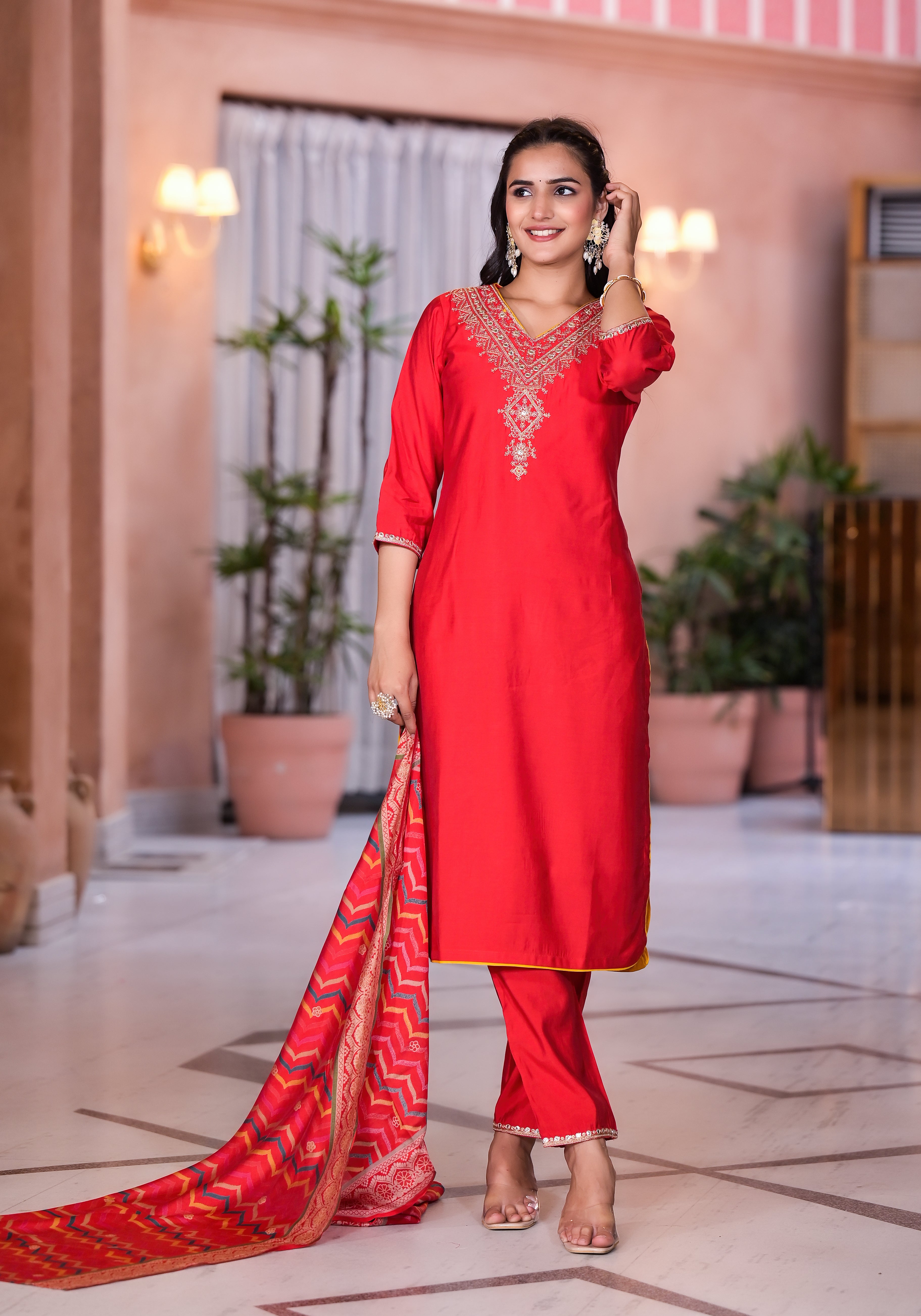 Red Solid Viscose Kurta Pant With Dupatta Set With Zari & Mirror Embroidery