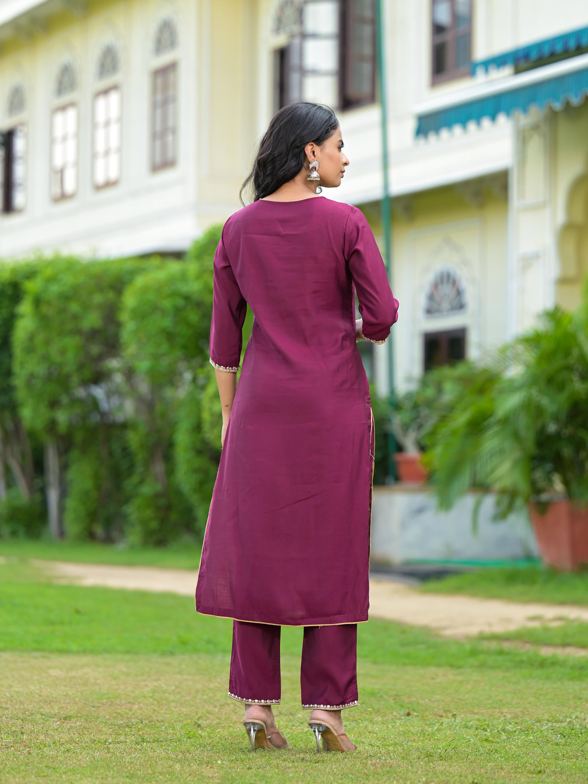 Wine Solid Viscose Kurta Pant With Dupatta Set With Zari & Mirror Embroidery