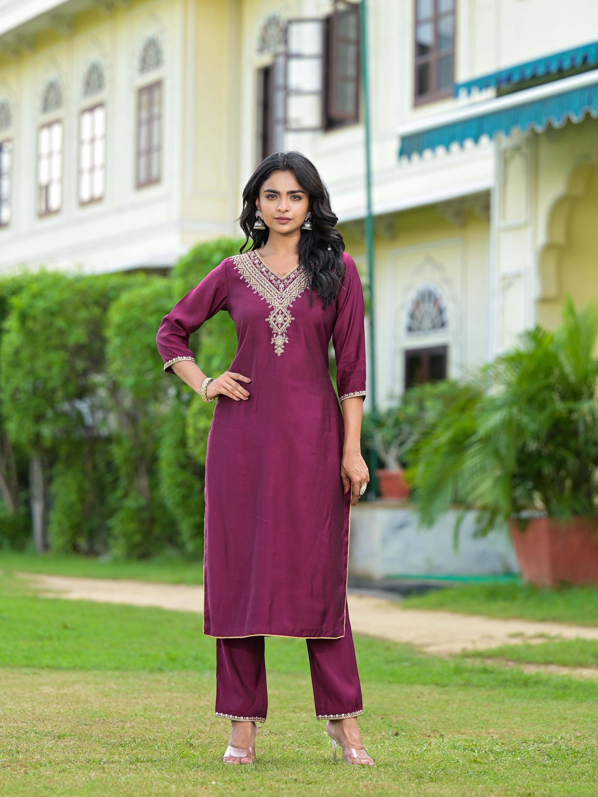 Wine Solid Viscose Kurta Pant With Dupatta Set With Zari & Mirror Embroidery