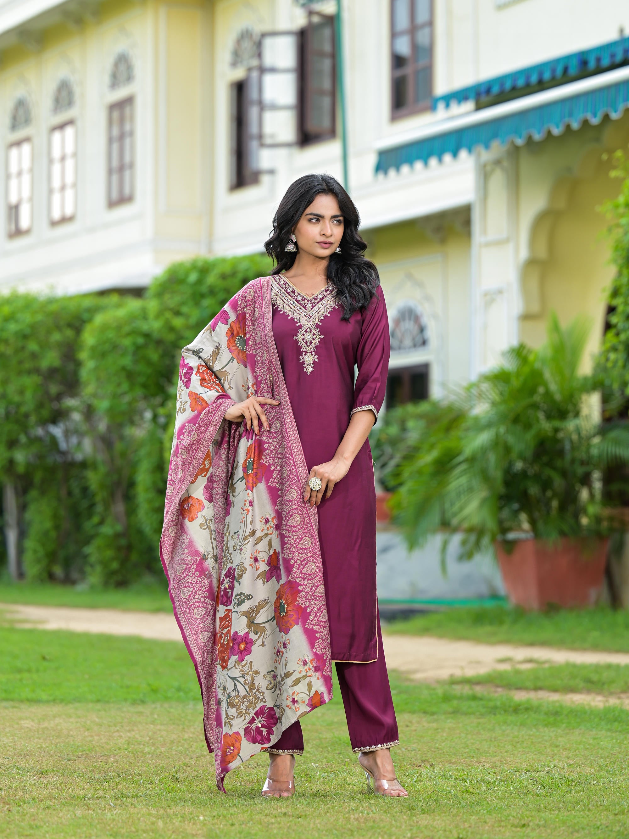 Wine Solid Viscose Kurta Pant With Dupatta Set With Zari & Mirror Embroidery