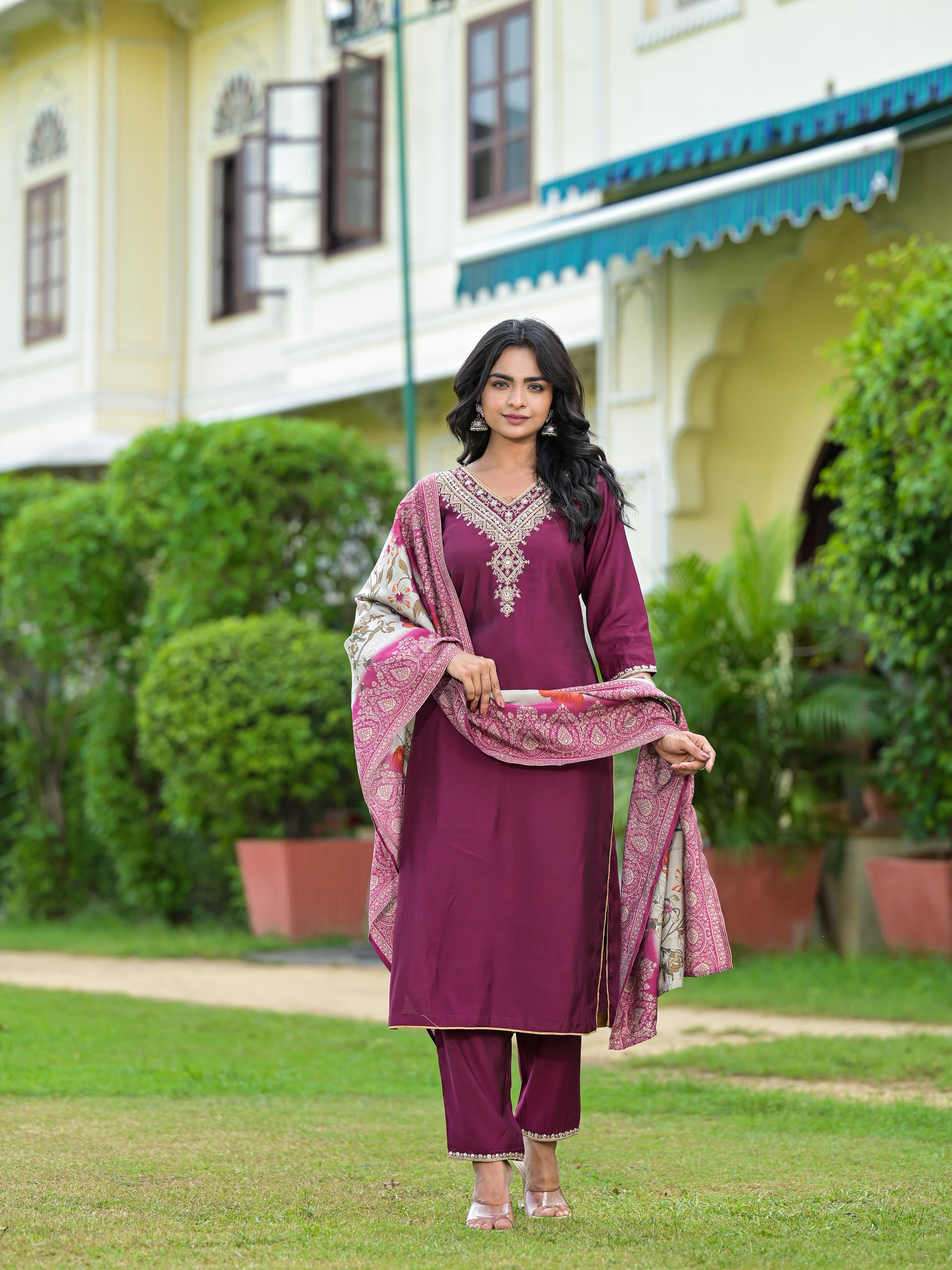 Wine Solid Viscose Kurta Pant With Dupatta Set With Zari & Mirror Embroidery