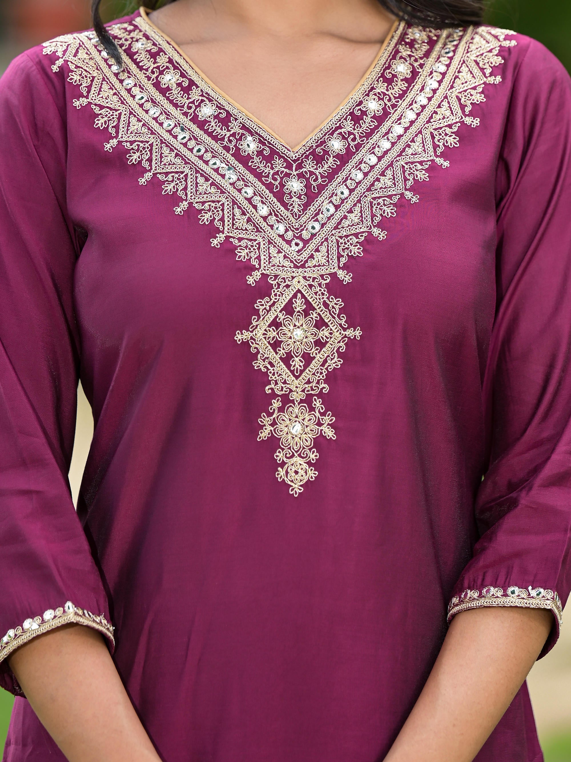 Wine Solid Viscose Kurta Pant With Dupatta Set With Zari & Mirror Embroidery