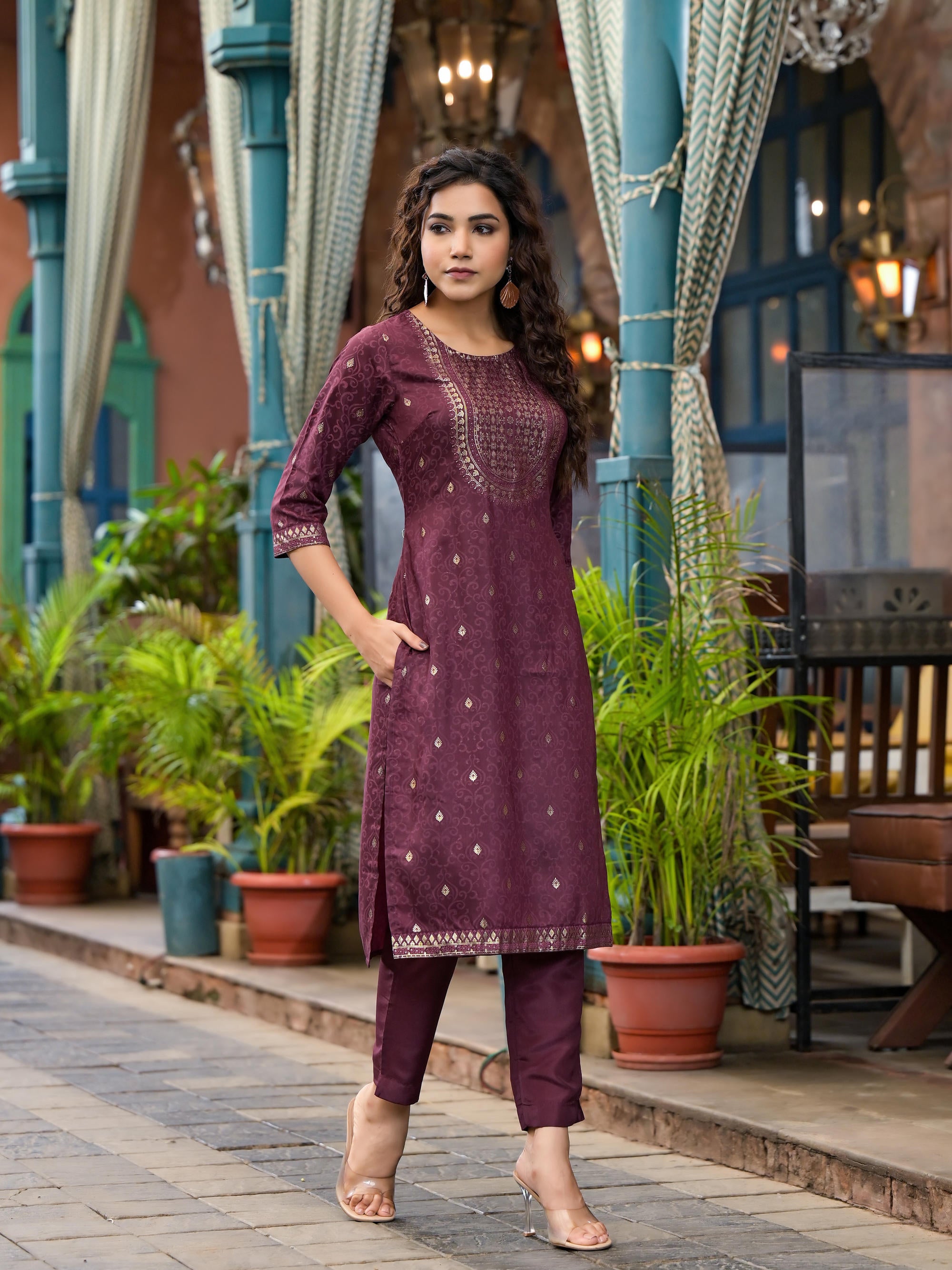 Wine Ethnic Motif Printed Muslin Kurta Set With Zari Work & Gota Patti