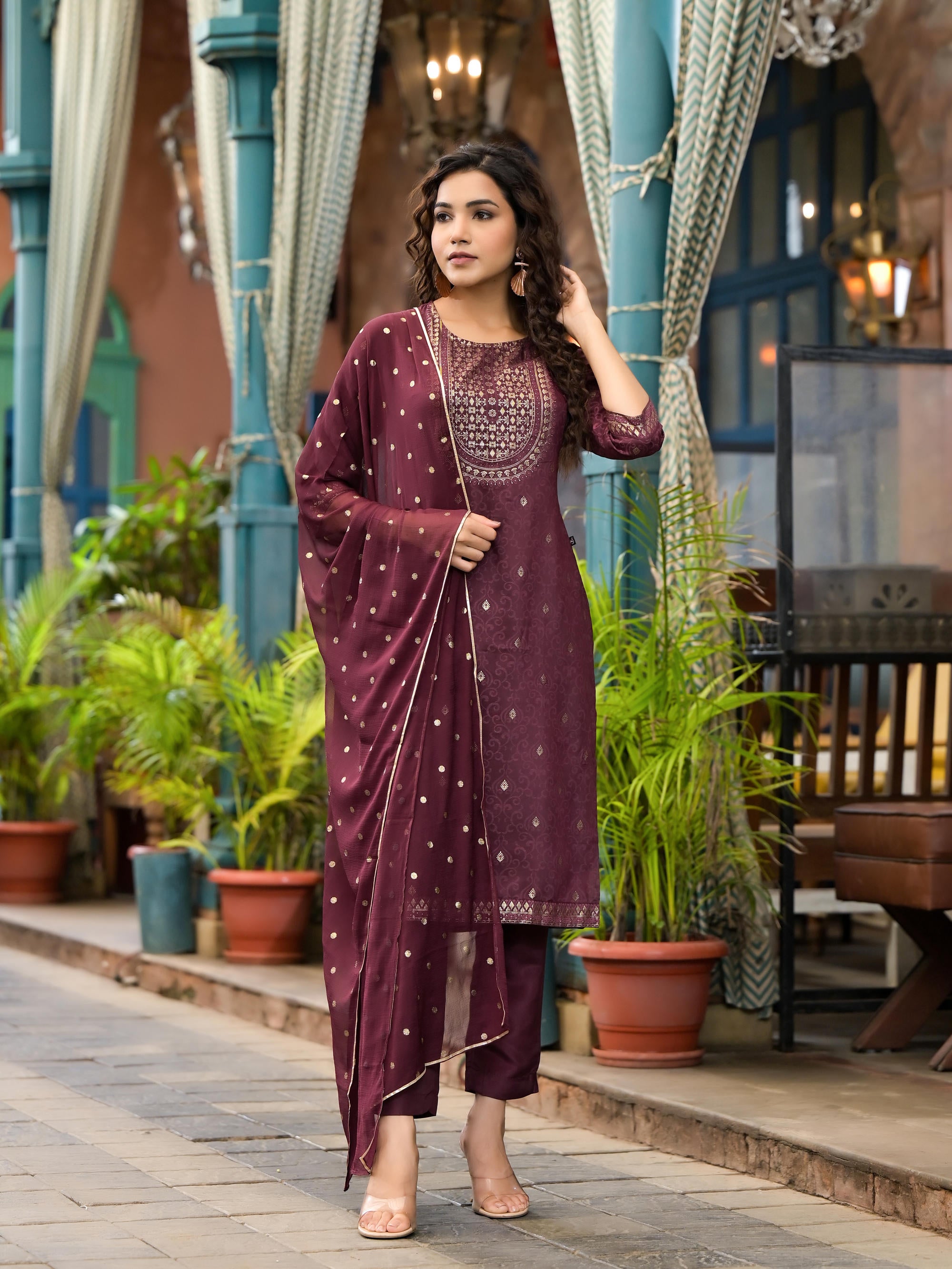 Wine Ethnic Motif Printed Muslin Kurta Set With Zari Work & Gota Patti