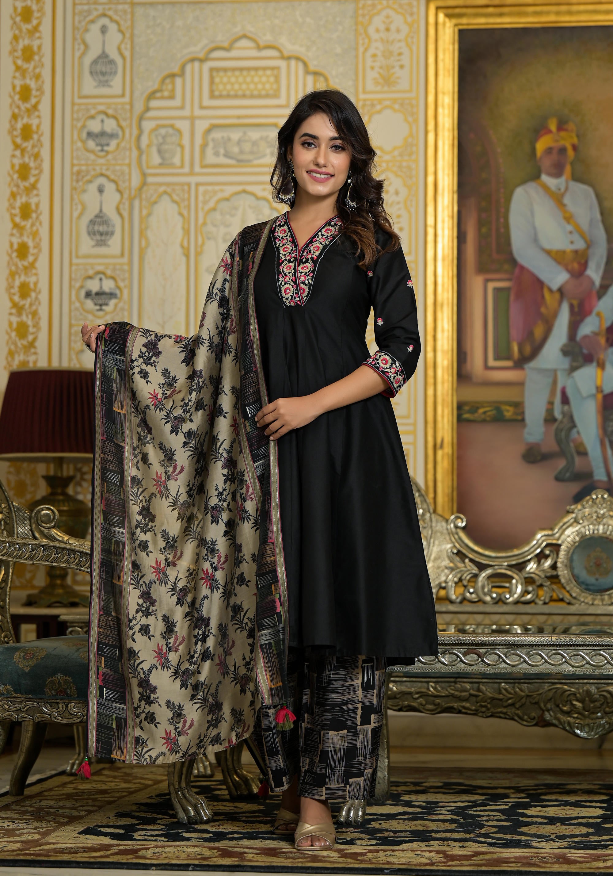 Black Thread Embroidered Viscose Kurta Pant And Dupatta Set With Abstract Printed Pants